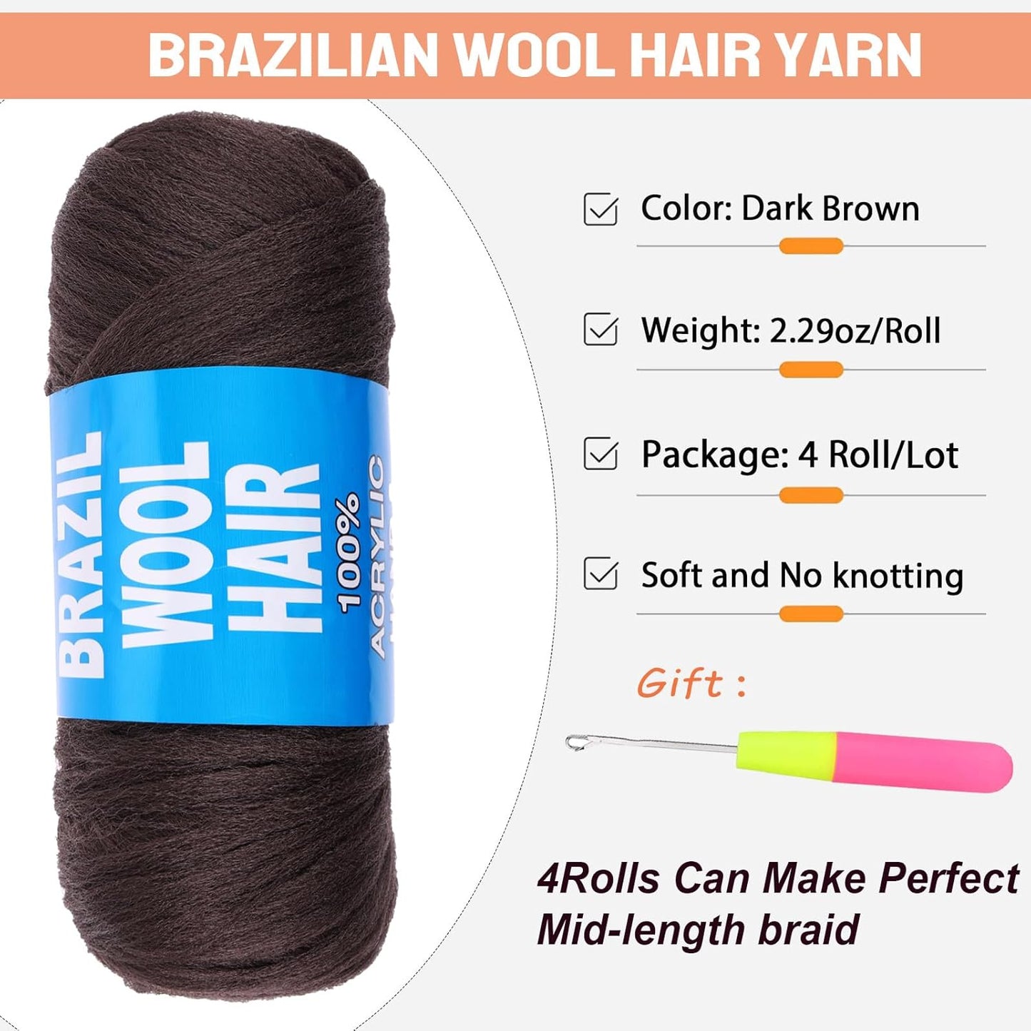 4Pcs Dark Brown Brazilian Wool Hair for Braids Acrylic Hand Knitting Yarn for Hair Braiding Hair Extension Faux Locs African Crochet Braid(#4)