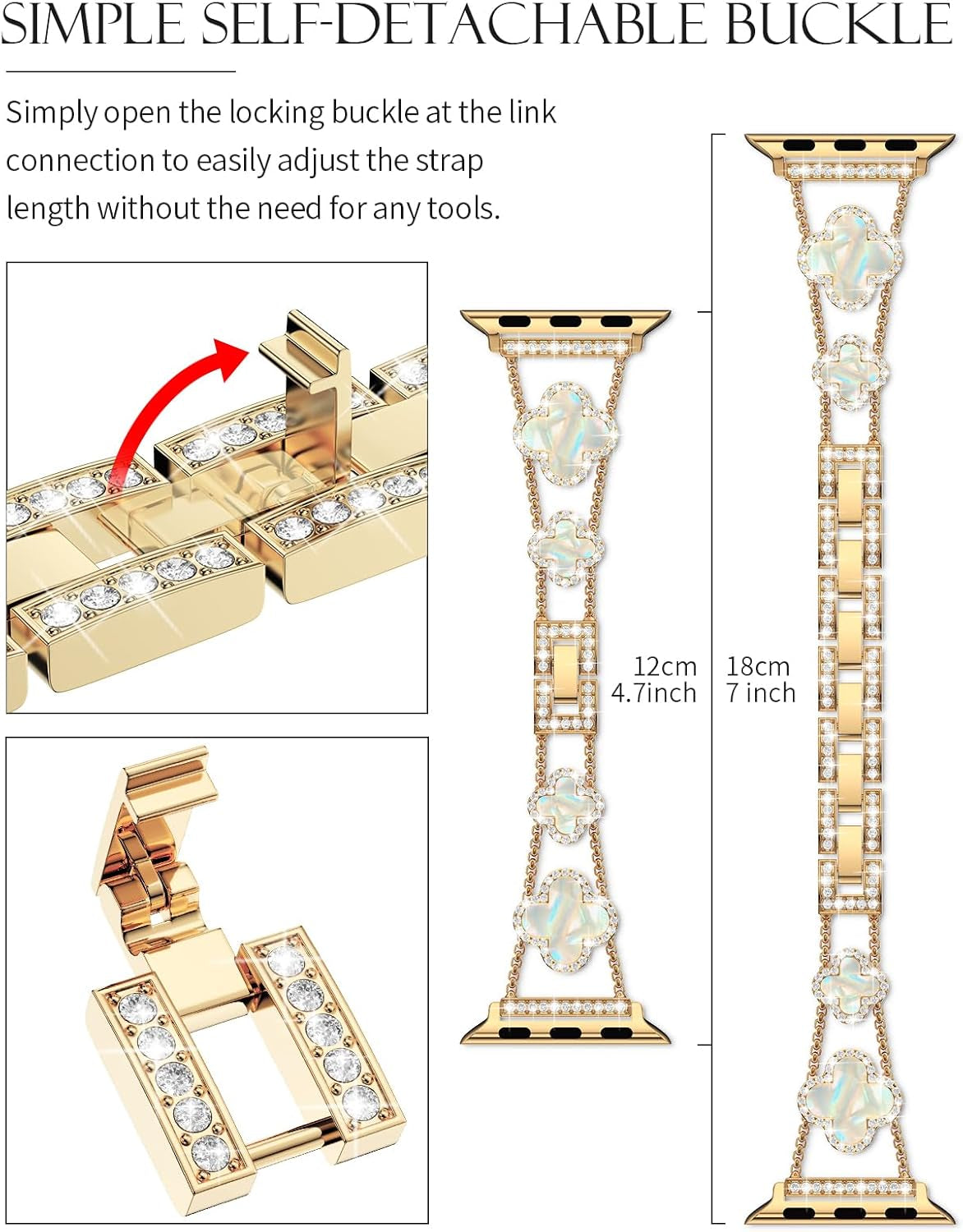 Bling Womens Band Compatible with Apple Watch Band 40Mm 41Mm 38Mm Series 9 8 7 6 5 4 3 2 1 SE, Sparkle Diamond Replacement Bracelet Wristband, Cute Lucky Clover Dressy Iwatch Band,Gold/White