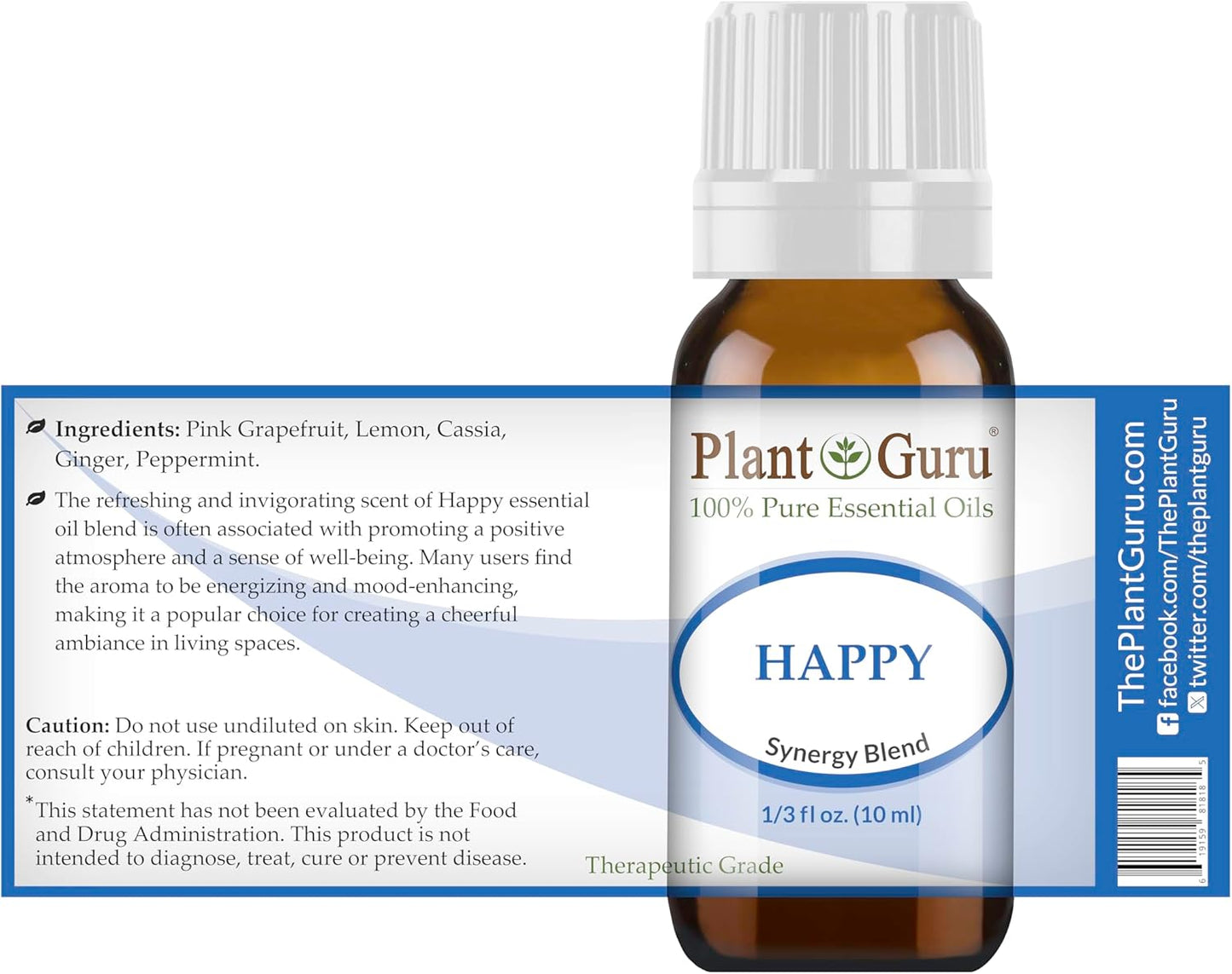 Happy Essential Oil Blend 10 Ml 100% Pure, Undiluted, Therapeutic Grade. (Blend Of: Pink Grapefruit, Lemon, Cassia, Ginger, Peppermint) TLBH