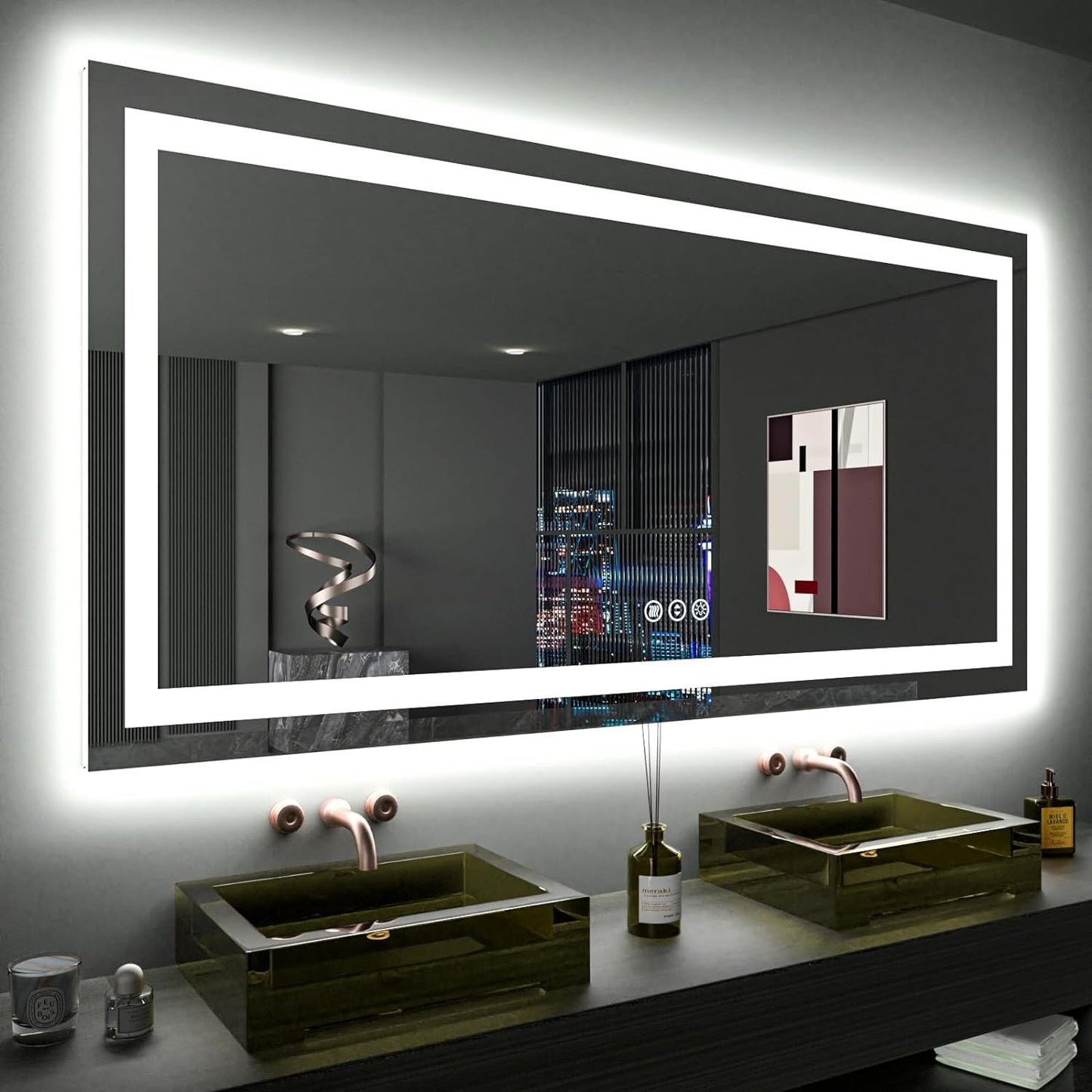 60”X30“ RGB LED Bathroom Mirror with Lights for Bathroom, Anti-Fog, Dimmable,Multiple Light Modes, RGB Backlit + Front Light, Memory Function, Tempered Glass