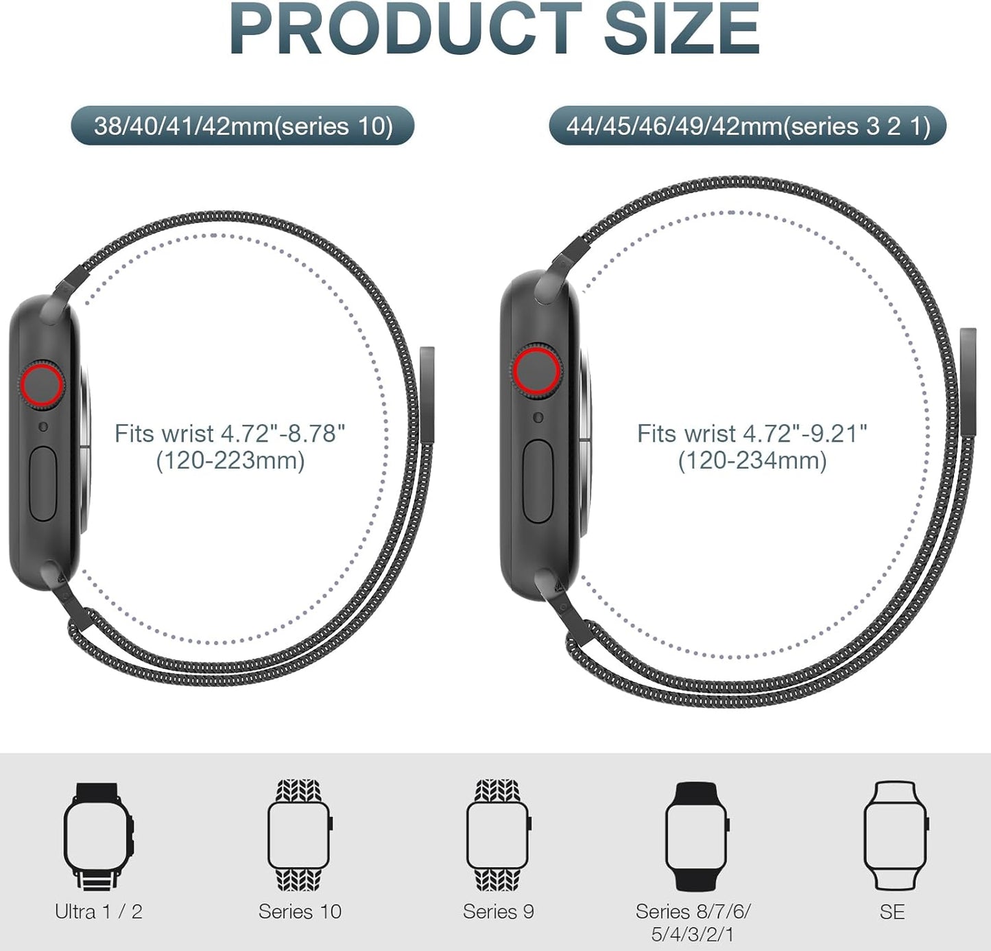 2 Pack Stainless Steel Mesh Loop Compatible with Apple Watch Band 38Mm 40Mm 41Mm 42Mm Series 10 Women Men, Magnetic Clasp Replacement Strap for Iwatch - Rose Gold+Black