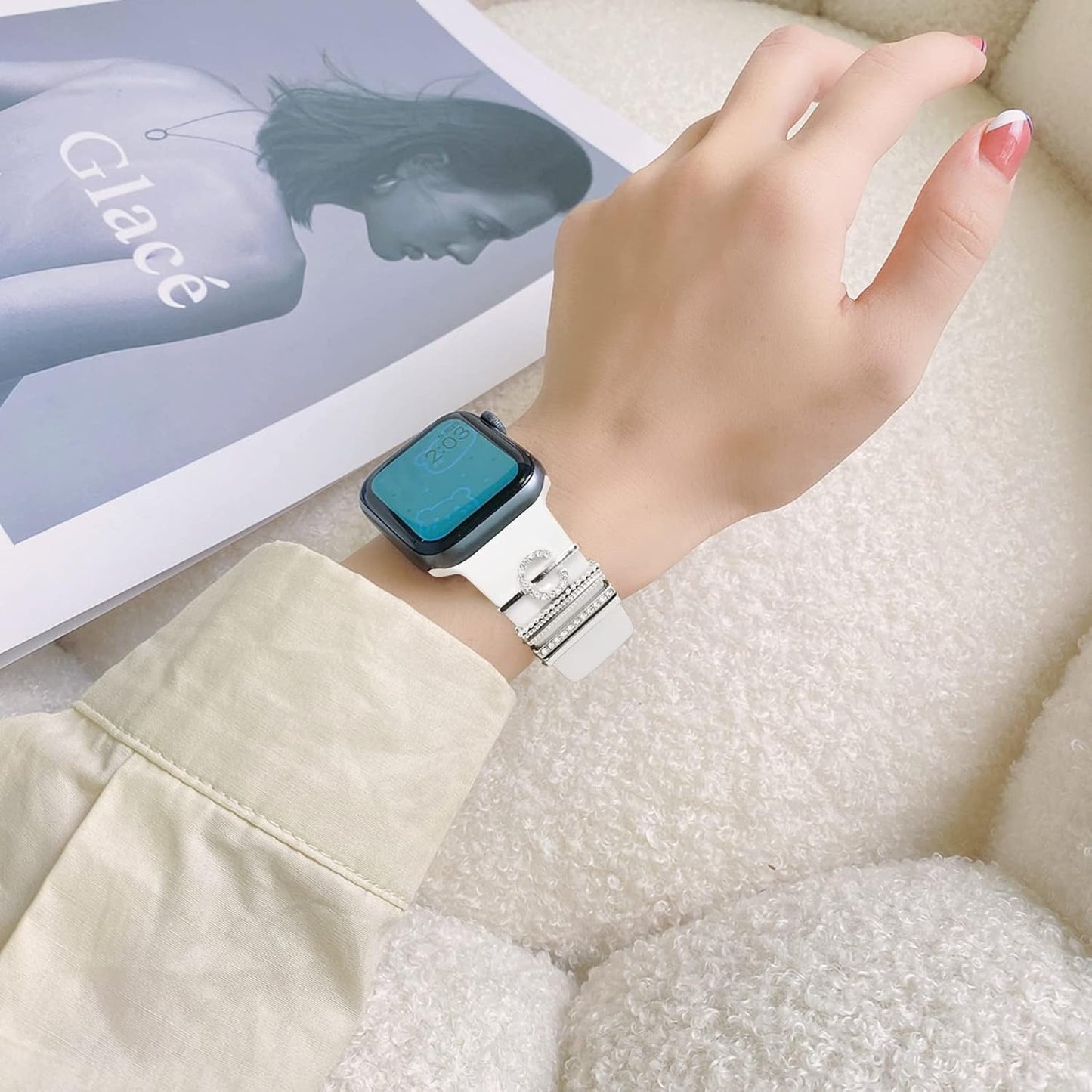 Diamond Decorative Loops Compatible with Apple Watch Silicone Bands 38Mm 40Mm 41Mm 42Mm 44Mm 45Mm 49Mm, Smartwatch Bands Metal Charms Accessories for Iwatch 8 Ultra 7 6 5 4 3 2 1 SE