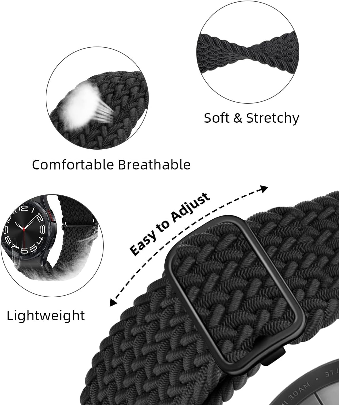 One Click No Gap Braided Bands Compatible with Samsung Galaxy Watch 7 6 4 5 FE Band 40Mm 44Mm/Galaxy Watch 6 4 Classic 47Mm 43Mm 42Mm 46Mm/Watch 5 Pro 45Mm, 20Mm Elastic Nylon Sport Straps Men Women
