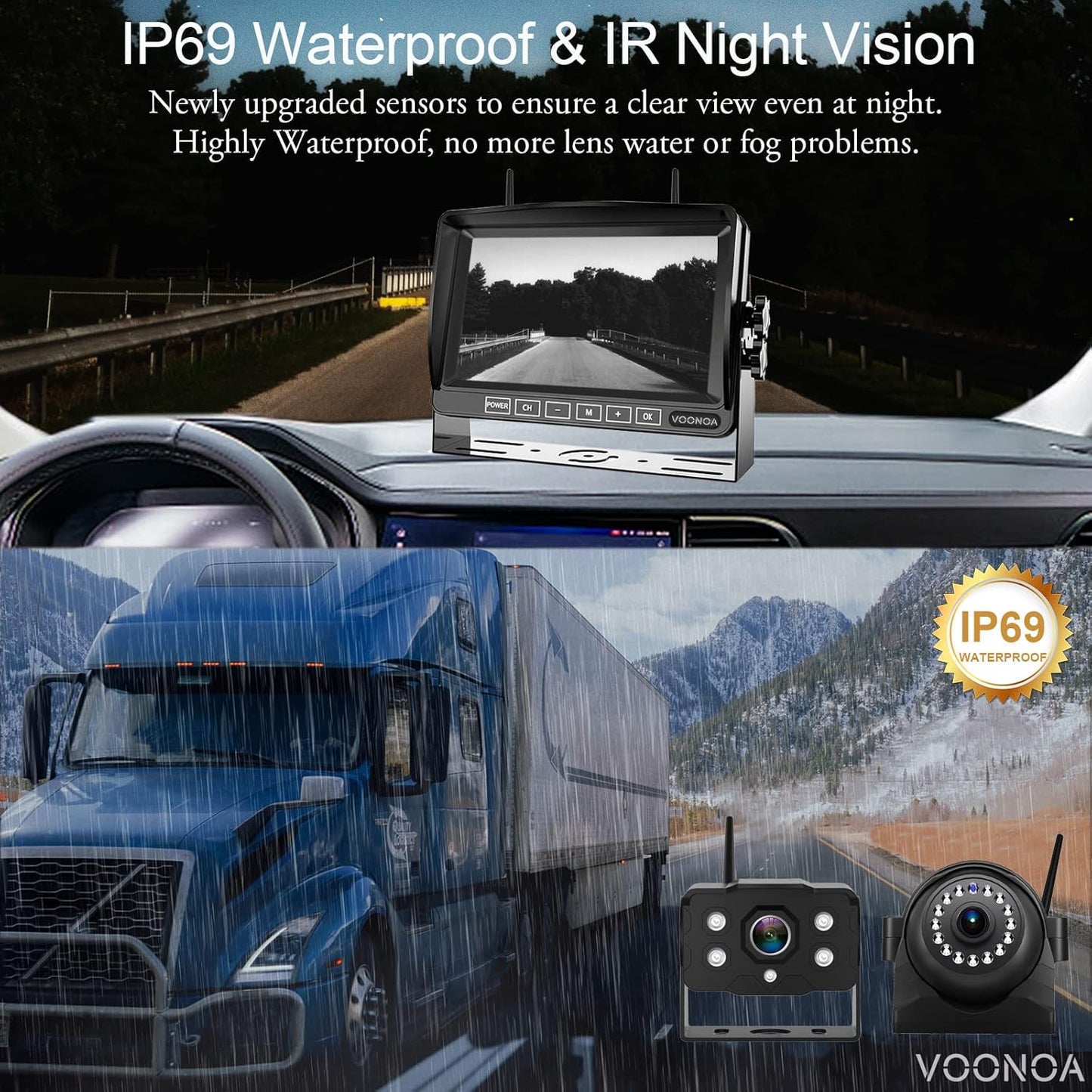 1080P Wireless RV Camera System, IP69 Waterproof Night Vision Backup Camera Side Rear View Camera with 7 Inch HD Monitor for RV Truck Trailer Camper