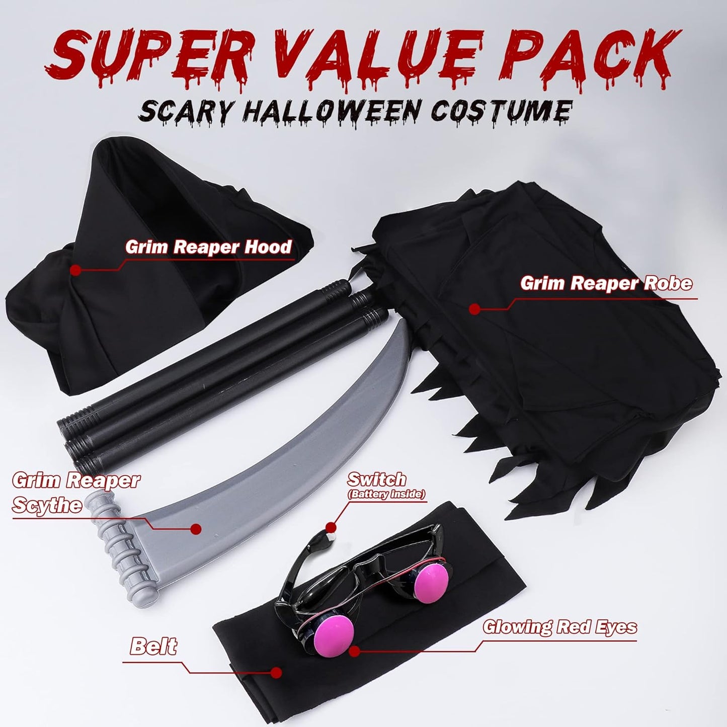 4-Size Grim-Reaper Costume Kids Adult with Glowing Red Eyes & Scythe Cosplay, Death Scary Halloween Costumes for Kids Adults