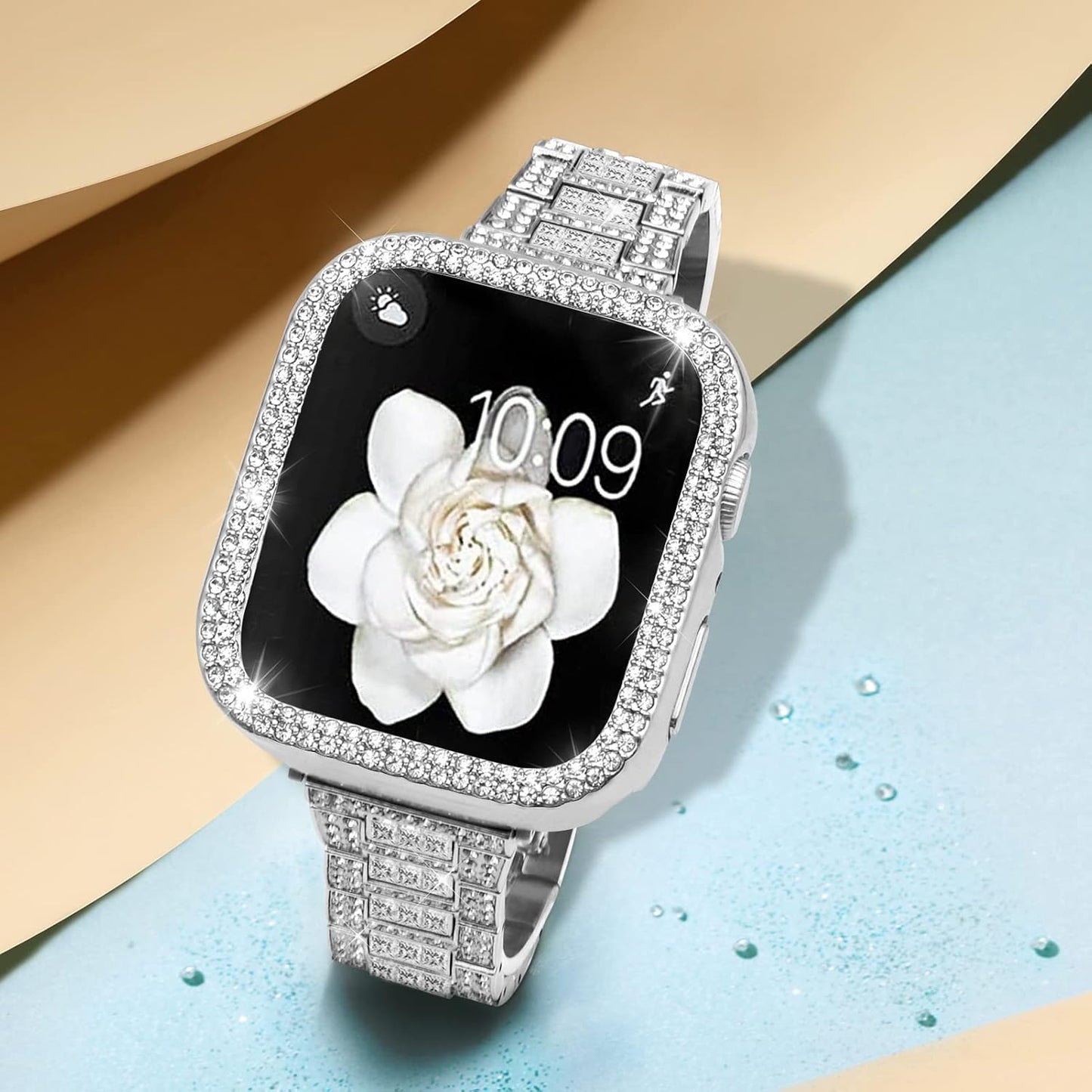 Compatible with Apple Watch Band 38Mm 40Mm 41Mm 42Mm 44Mm 45Mm 49Mm with 2 Pack Case Women, Jewelry Replacement Metal Wristband Strap with Bling PC Protective Case for Iwatch Ultra SE Series 9/8/7/6/5/4/3/2/1
