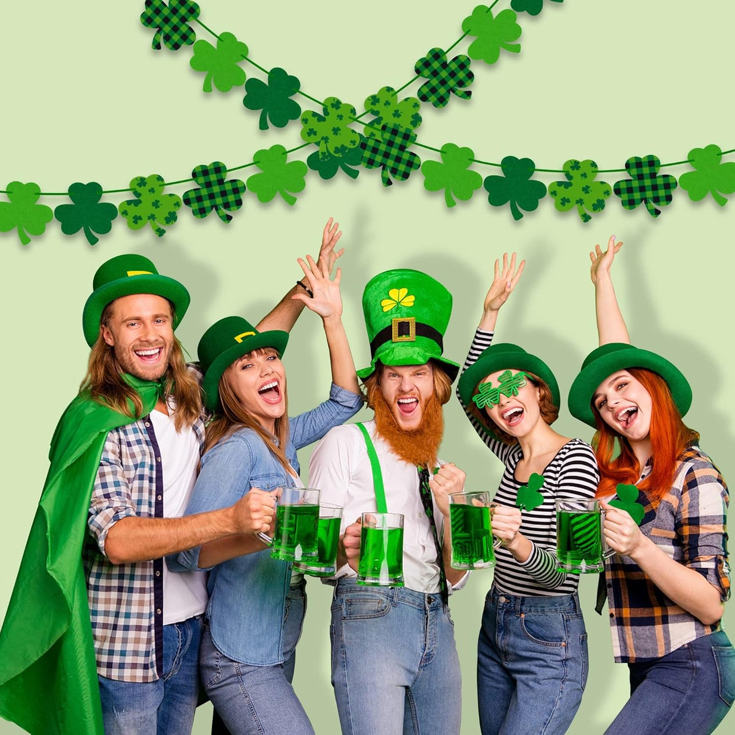 4PCS Felt Shamrock Clover Garland Banner - NO DIY, St. Patrick'S Day Decorations - Buffalo Plaid Dark Green Light Green Happy St. Patrick'S Day Banner for Home Mantel Office Irish Day Party Supplies