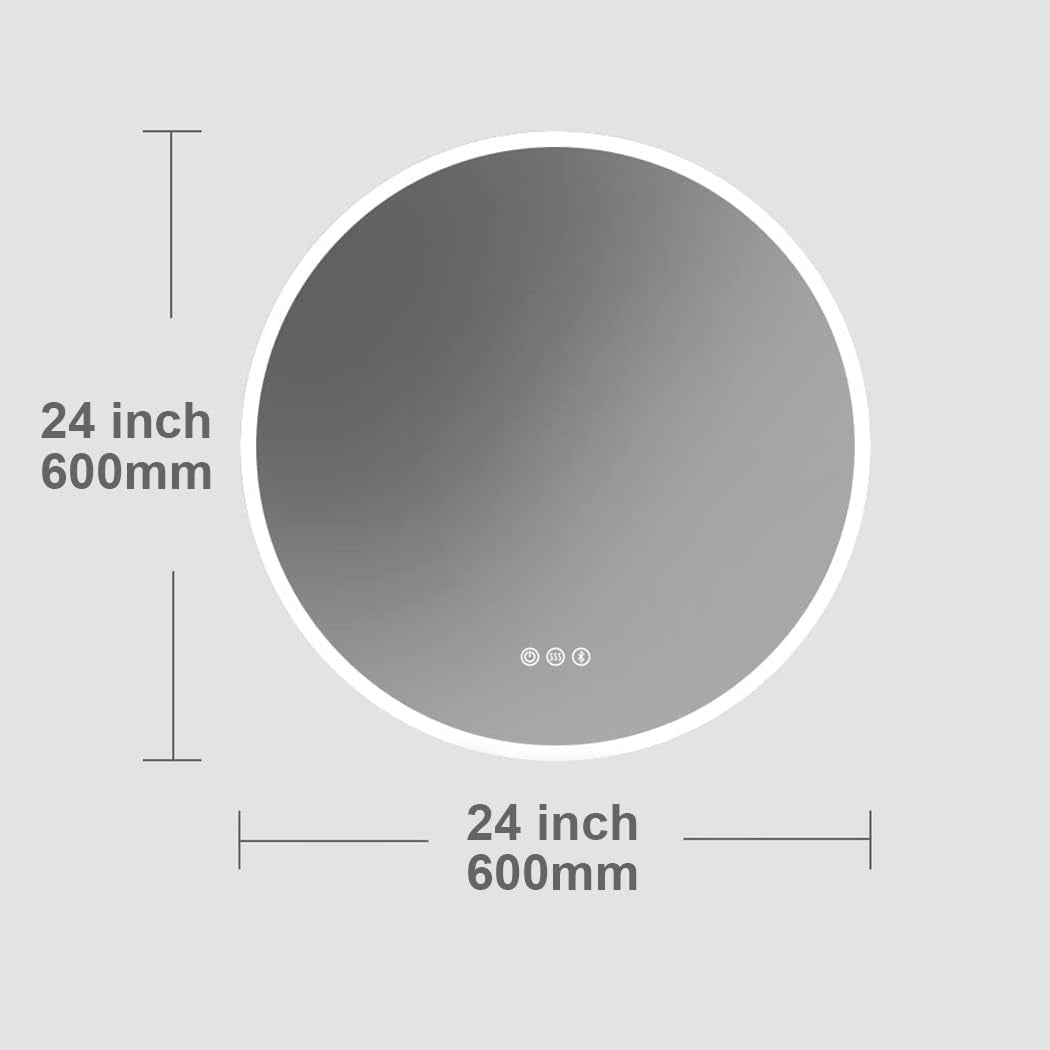 S·BAGNO 24’’ round Led Bathroom Mirror with Lights, Backlit and Front Lighted, Anti-Fog Wall-Mounted Vanity Mirror 3000K/4000K/6500K, Dimmable inside Bluetooth Speaker Smart Mirror