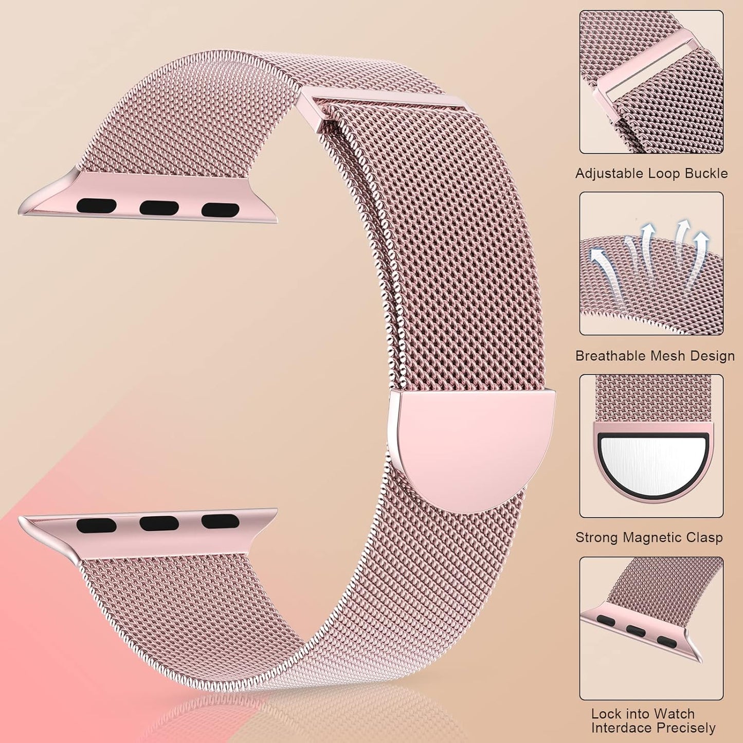 Compatible with Apple Watch Band Ultra/Ultra 2, SE, Series 9 8 7 6 5 4 3 2 1 38Mm 40Mm 41Mm 42Mm 44Mm 45Mm 49Mm Women and Men, Stainless Steel Mesh Loop Magnetic Clasp for Iwatch Bands