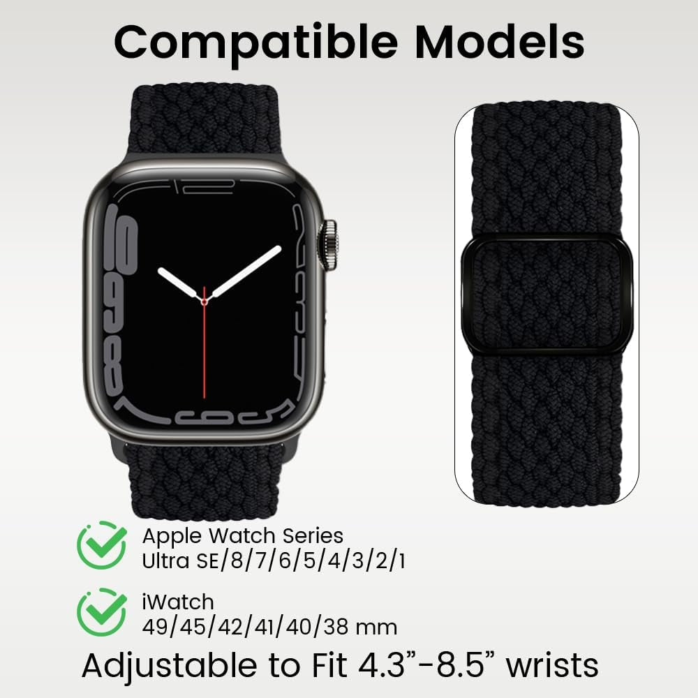 2 Pack Braided Solo Loop Compatible with Apple Watch Band 38Mm 40Mm 41Mm 42Mm 44Mm 45Mm 49Mm for Women,Sport Adjustable Stretchy Sport Watch Bands for Iwatch Series Ultra SE 8 7 6 5 4 3 2 1