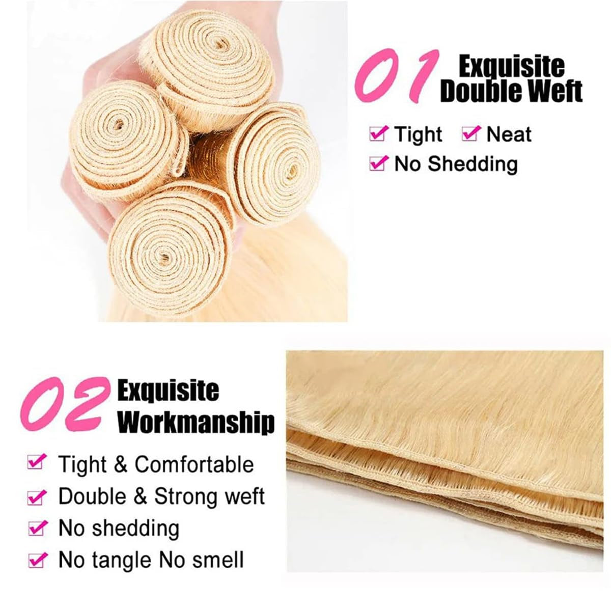 613 Blonde Bundles Human Hair Straight Hair 3 Bundles Human Hair 12A Brazilian Virgin Human Hair 613 Human Hair Weave Extensions 11Oz/Pak(Do200%-300% Density Wig)12 14 16Inch
