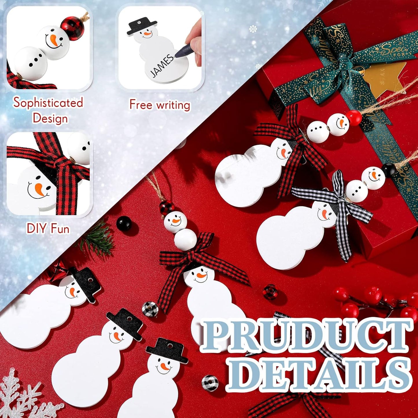 12 Pcs Christmas Stocking Name Tags Unfinished Wooden Stocking Tags Xmas Stocking Hanging Tags with Wood Beads Buffalo Plaid Bows for Christmas Home Farmhouse Decor (Snowman Style)