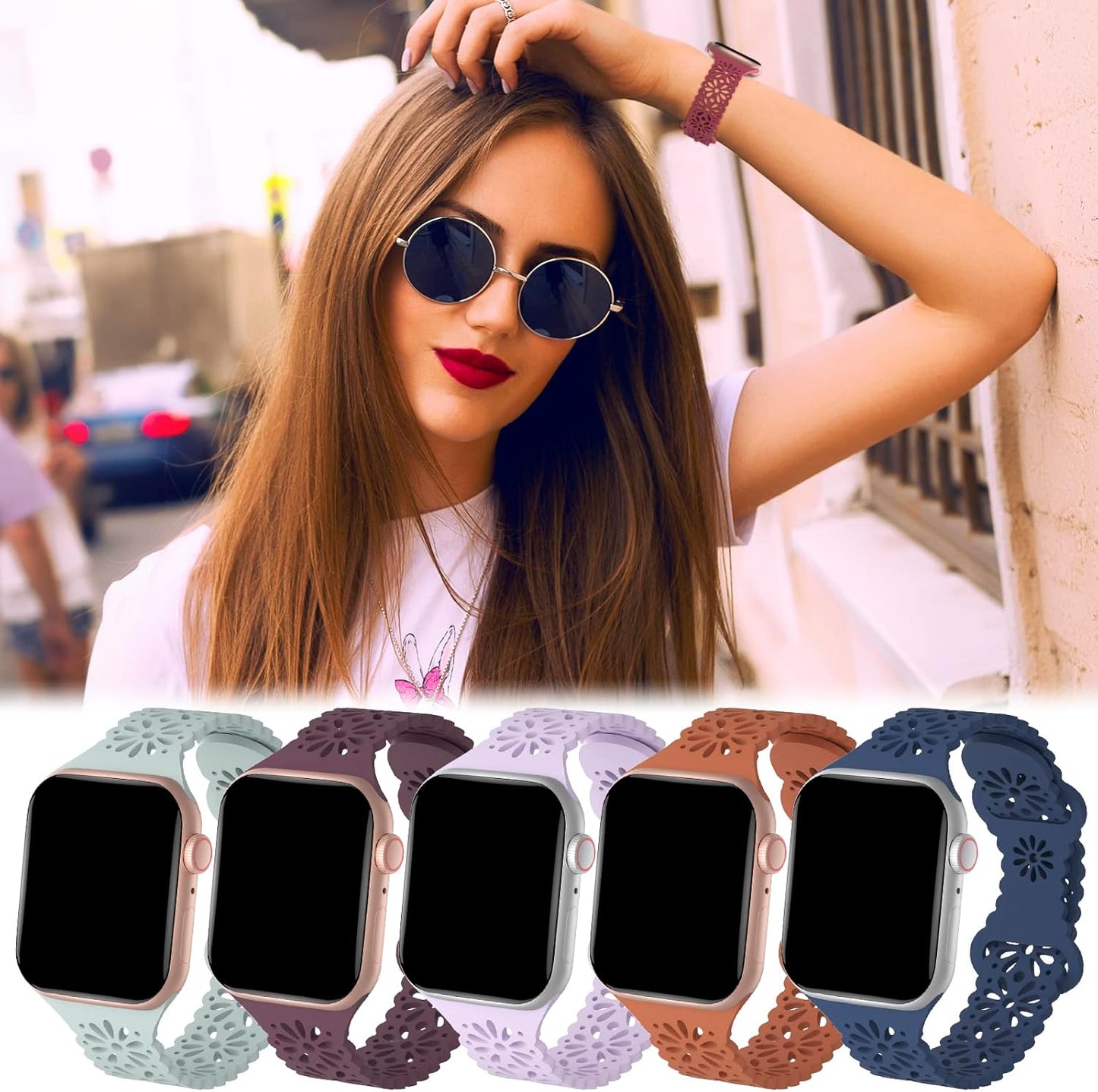 5 Pack Slim Lace Silicone Bands Compatible for Apple Watch Band 38Mm 40Mm 41Mm 42Mm 44Mm 45Mm 49Mm, Thin Hollow-Out Breathable Strap for Iwatch Ultra/2 Series 9/8/7/SE/6/5/4/3/2/1 Women Men
