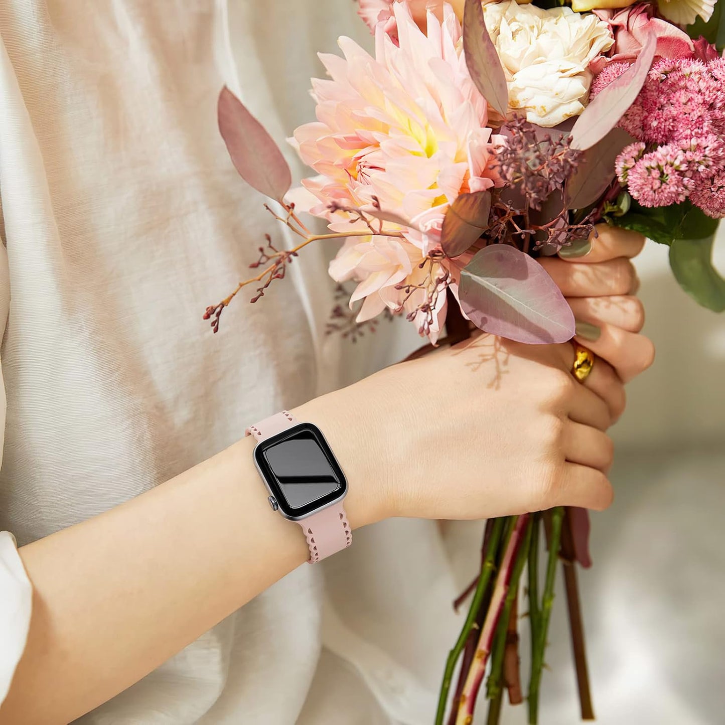 Compatible with Apple Watch Band 41Mm 40Mm 38Mm 49Mm 45Mm 44Mm 42Mm Women Girl, Pink Sand Lace Hollow-Out Soft Silicone Sport Bands for Iwatch Ultra SE Series 10 9 8 7 6 5 4 3 2, Pinksand-38