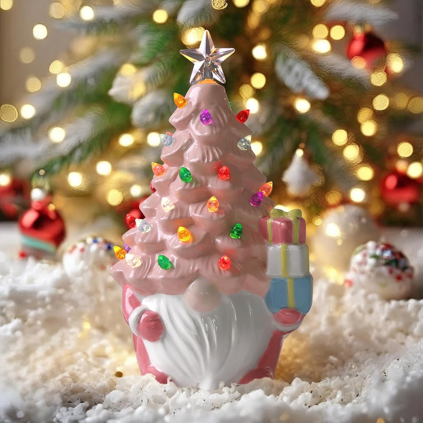 Ceramic Christmas Tree, Pink Christmas Decor Light-Up Ceramic Gnome with LED Battery Powered, Classic Christmas Decor for Home Shelf Cabinet Table, Home Display, Tabletop