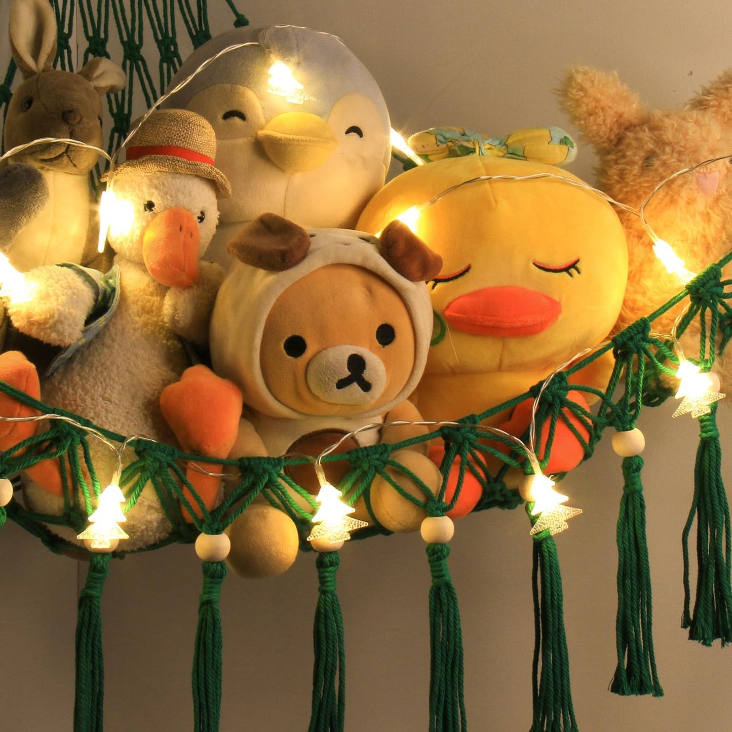 Stuffed Animal Toy Storage Hammock with LED Light - Macrame Jumbo Doll Corner Stuff Animals Organizer Decorations - Cute Plushie Net Kids Baby Nursery Bedroom Room Decor Christmas Green
