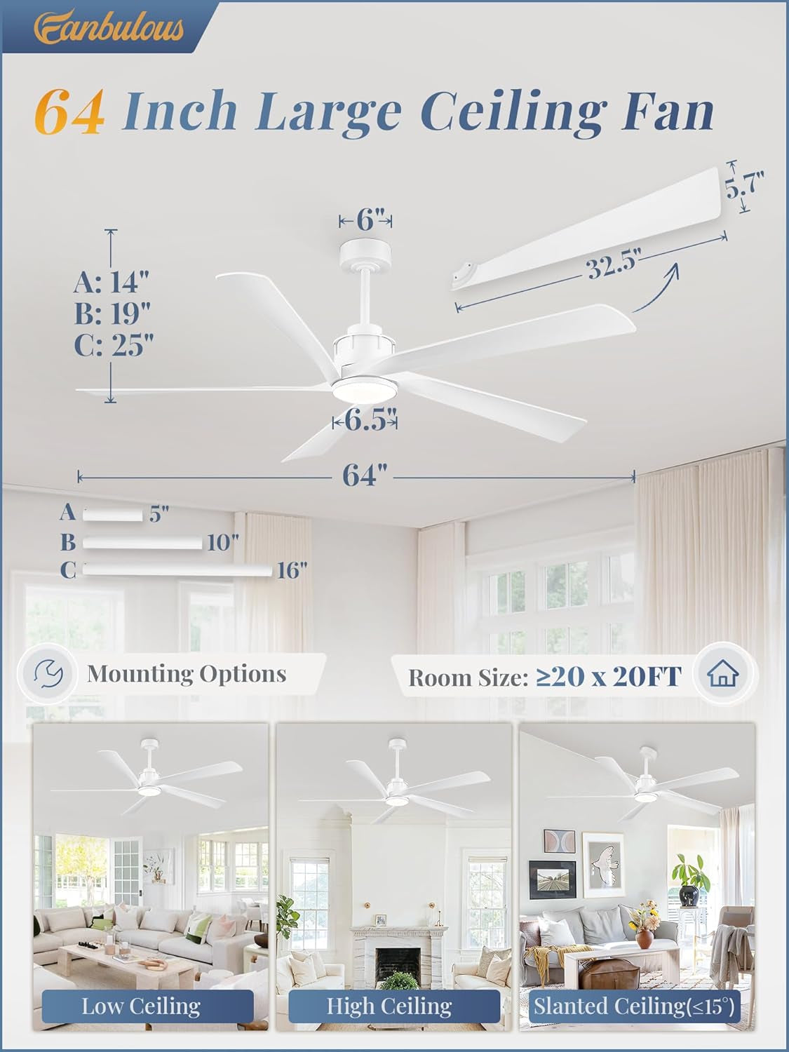 64 Inch Ceiling Fans with Lights and Remote,Smart Ceiling Fan with APP Control,Reversible DC Motor,Dimmable,5 ABS Blades,White Indoor/Outdoor Modern Low Profile Ceiling Fan with Light