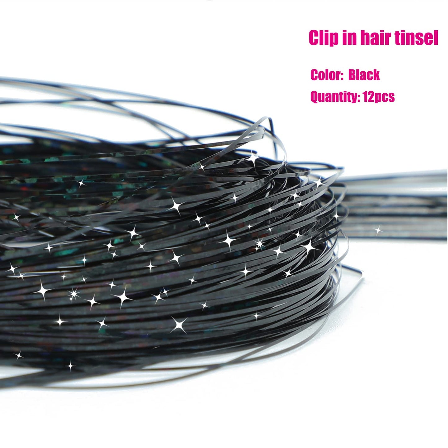 12Pcs Hair Tinsel Clip in 19.6Inch Glitter Tinsel Hair Extensions Clip in Hair Tinsel Kit Heat Resistant Shiny Sparkle Fairy Hair Accessories for Women Girls Kids (Black)