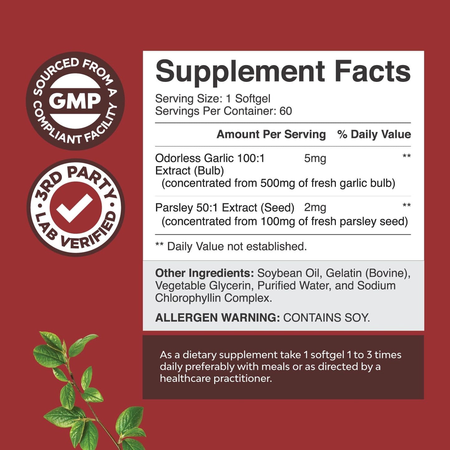 Super Concentrated Odorless Garlic Supplement - No Smell Easy to Swallow Antioxidant Garlic Pills for Immune Support and Heart Health - Odorless Softgels with Parsley Non GMO and Gluten Free TLBH