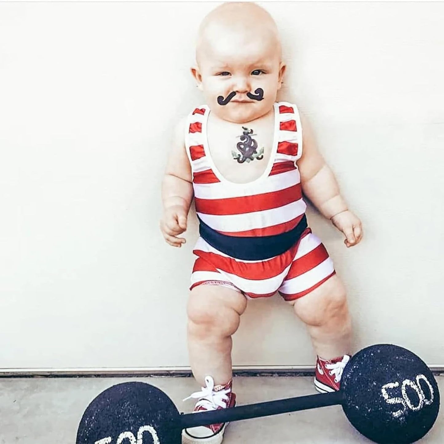 Strong Man Toddler Costume, Red Stripes Sleeveless U Neck Romper Short Jumpsuit with Belt, Halloween Cosplay Costume