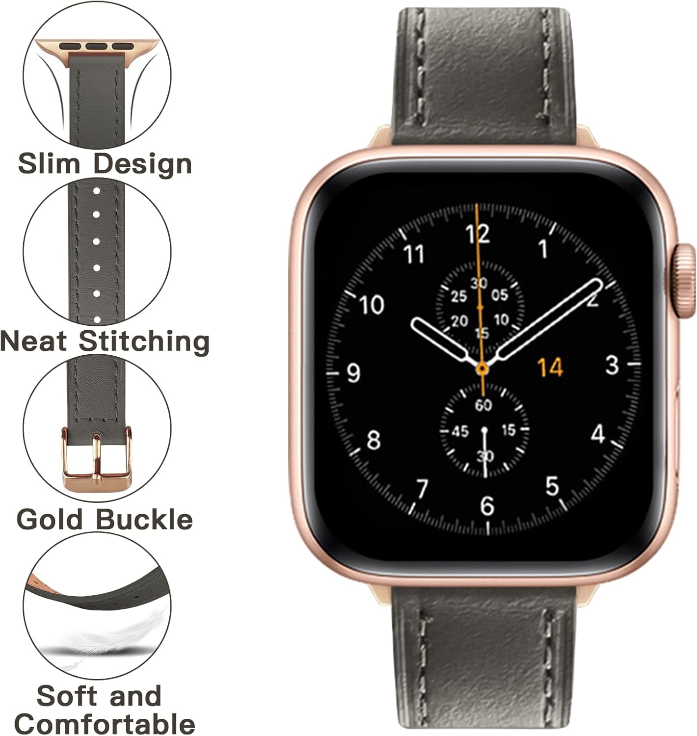 Slim Leather Watch Bands Compatible with Apple Watch Band 38Mm 40Mm 41Mm 42Mm 44Mm 45Mm 49Mm,Top Grain Leather Band Slim & Thin Replacement Wristband for Iwatch Ultra Series 8 7 6 5 4 3 2 1 SE (2 Pack Watch Band)