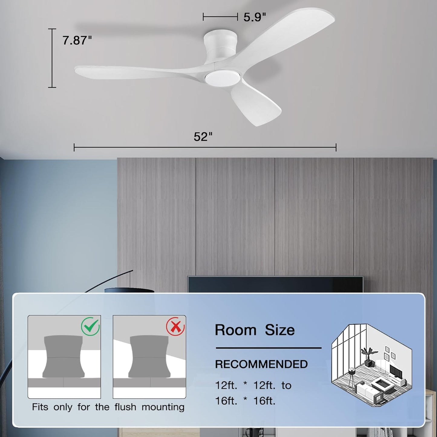 52In Smart Low Profile Ceiling Fans with Lights Remote,Quiet DC Motor,Outdoor Indoor Flush Mount Ceiling Fan,Control with WIFI Alexa App,Dimmable,6-Speed,3 White Wood Blades,For Modern Bedroom Patio