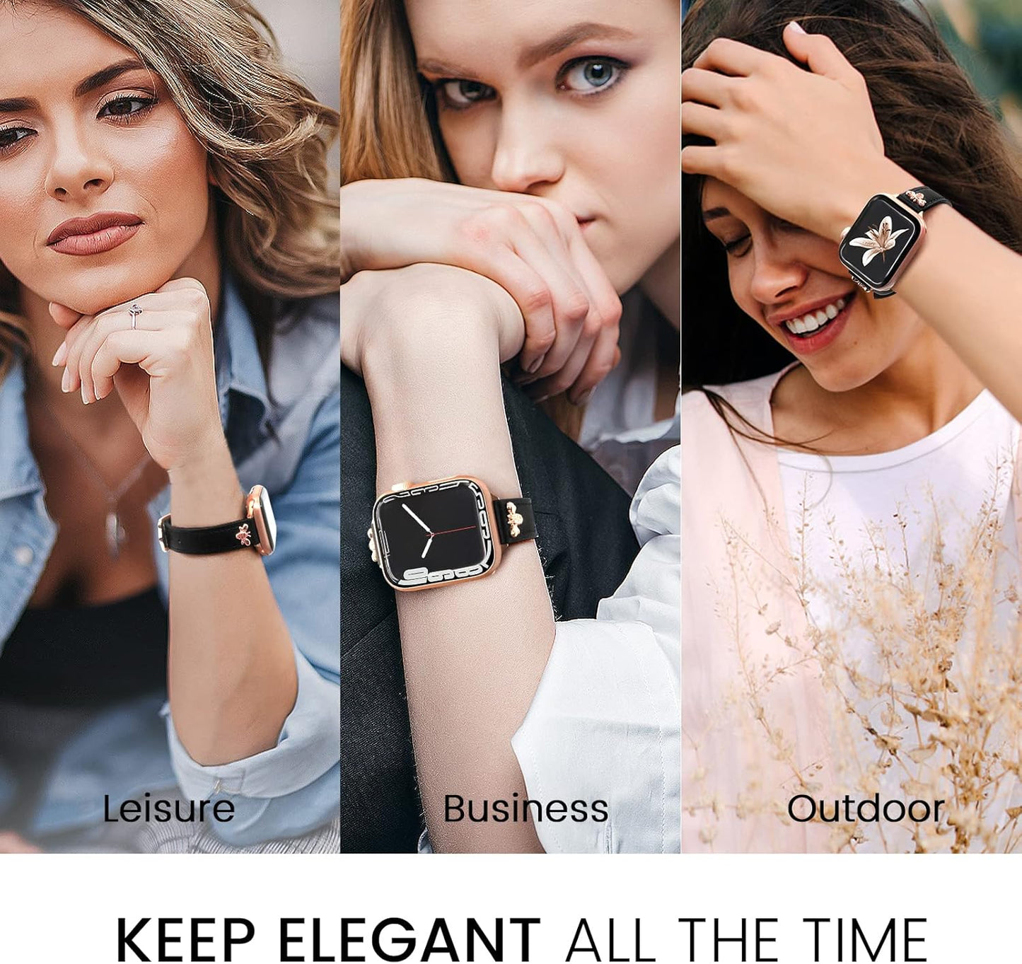 Elegant Slim Leather Bands Compatible with Apple Watch Band 38Mm 40Mm 41Mm 42Mm 44Mm 45Mm 49Mm, Designer Top Grain Black Leather Watch Band with Charms, Feminine Design for Ultra SE & Series 8 7