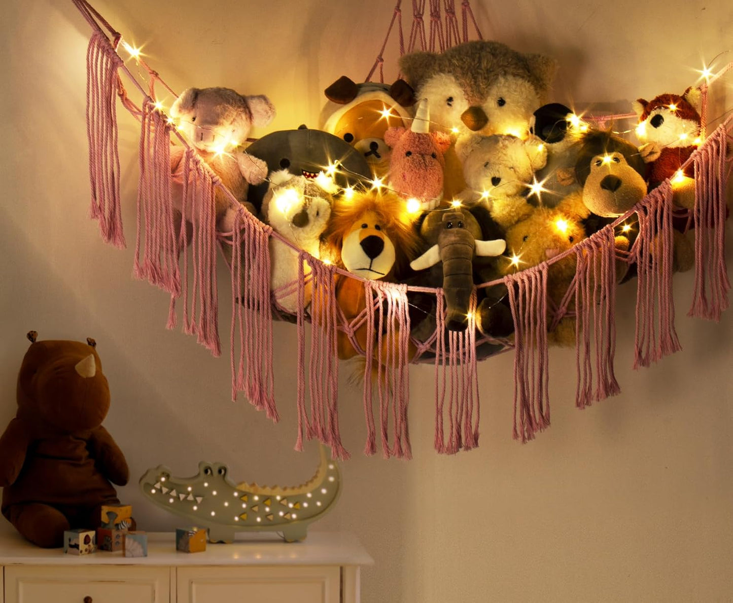 Stuffed Animal Hammock Corner with LED Light - Toy Storage Hammock Plushie Net Hanging Organizer - Pink Room Decor for Teen Girls - Cute Bedroom Aesthetic Nursery Kids Baby Toddler