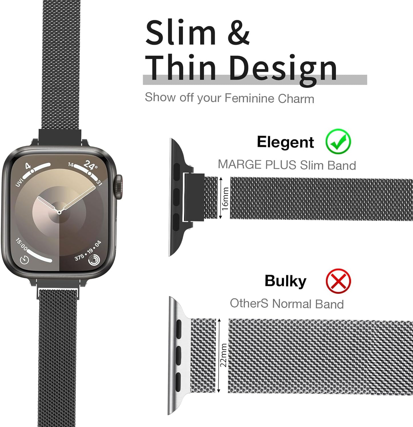 Slim Milanese Loop Compatible with Apple Watch Band for Women 40Mm 41Mm 38Mm 44Mm 45Mm 49Mm 42Mm, Stainless Steel Magnetic Mesh Strap Work on Iwatch Bands Series 9 8 7 6 5 4 3 2 1 Ultra SE