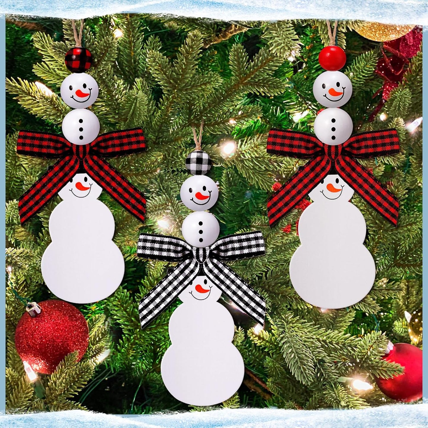 12 Pcs Christmas Stocking Name Tags Unfinished Wooden Stocking Tags Xmas Stocking Hanging Tags with Wood Beads Buffalo Plaid Bows for Christmas Home Farmhouse Decor (Snowman Style)