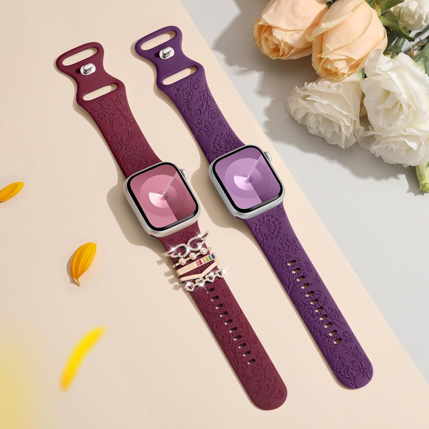 2 Pack Flower Engraved Band Compatible with Apple Watch Bands 40Mm 41Mm 38Mm 44Mm 45Mm 49Mm Women Men, Soft Silicone Sport Band with Decorative Charms for Iwatch Series 9 8 7 6 5 4 3 2 1 SE