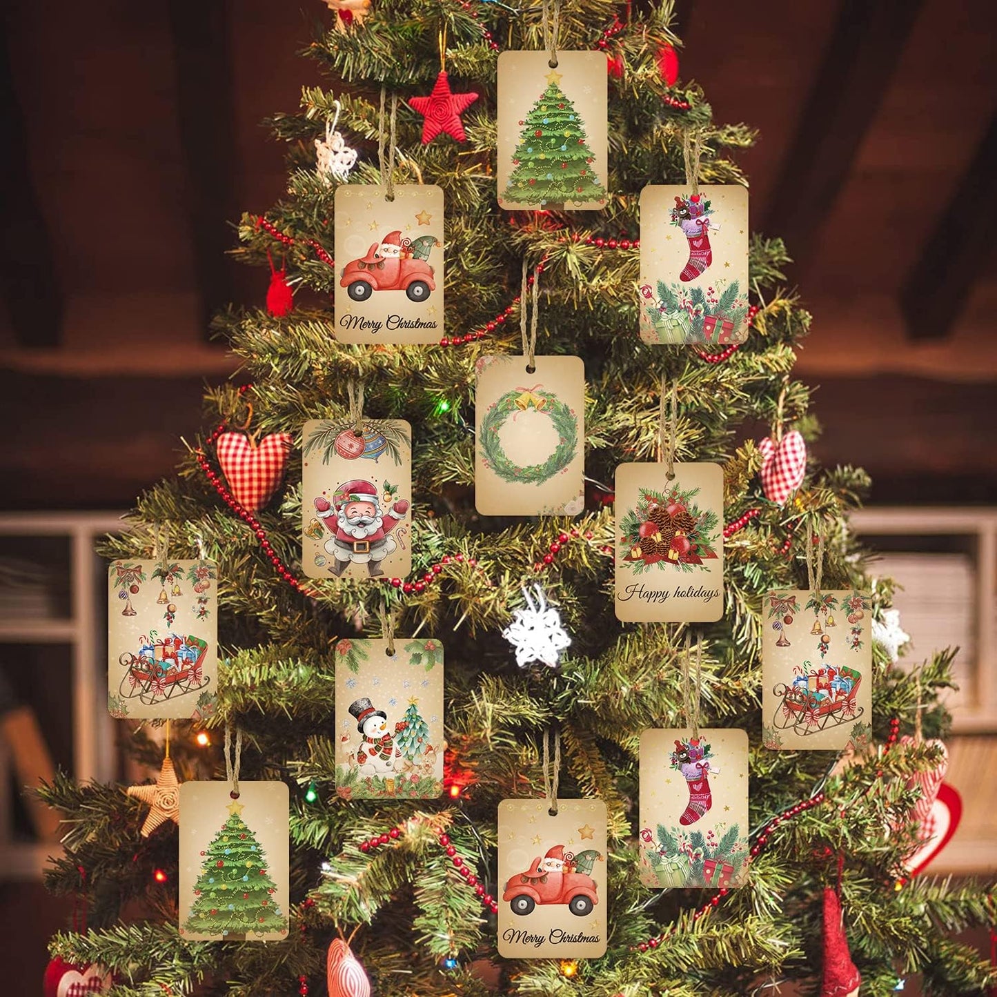 120PCS Vintage Christmas Gift Tags, Retro Xmas Gift Tags with String, Christmas Hanging Tags, Christmas Gift Wrapping Holiday Home Decor(2’’ X 3’’)