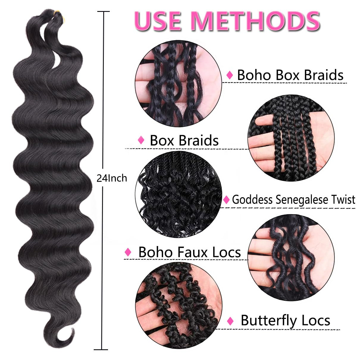 3 Packs 24 Inch Pre-Feathered Natural Black Body Wave Braiding Hair for Goddess Box Braids Crochet Hair French Curl Crochet Braids Synthetic Hair Extensions(1B#)