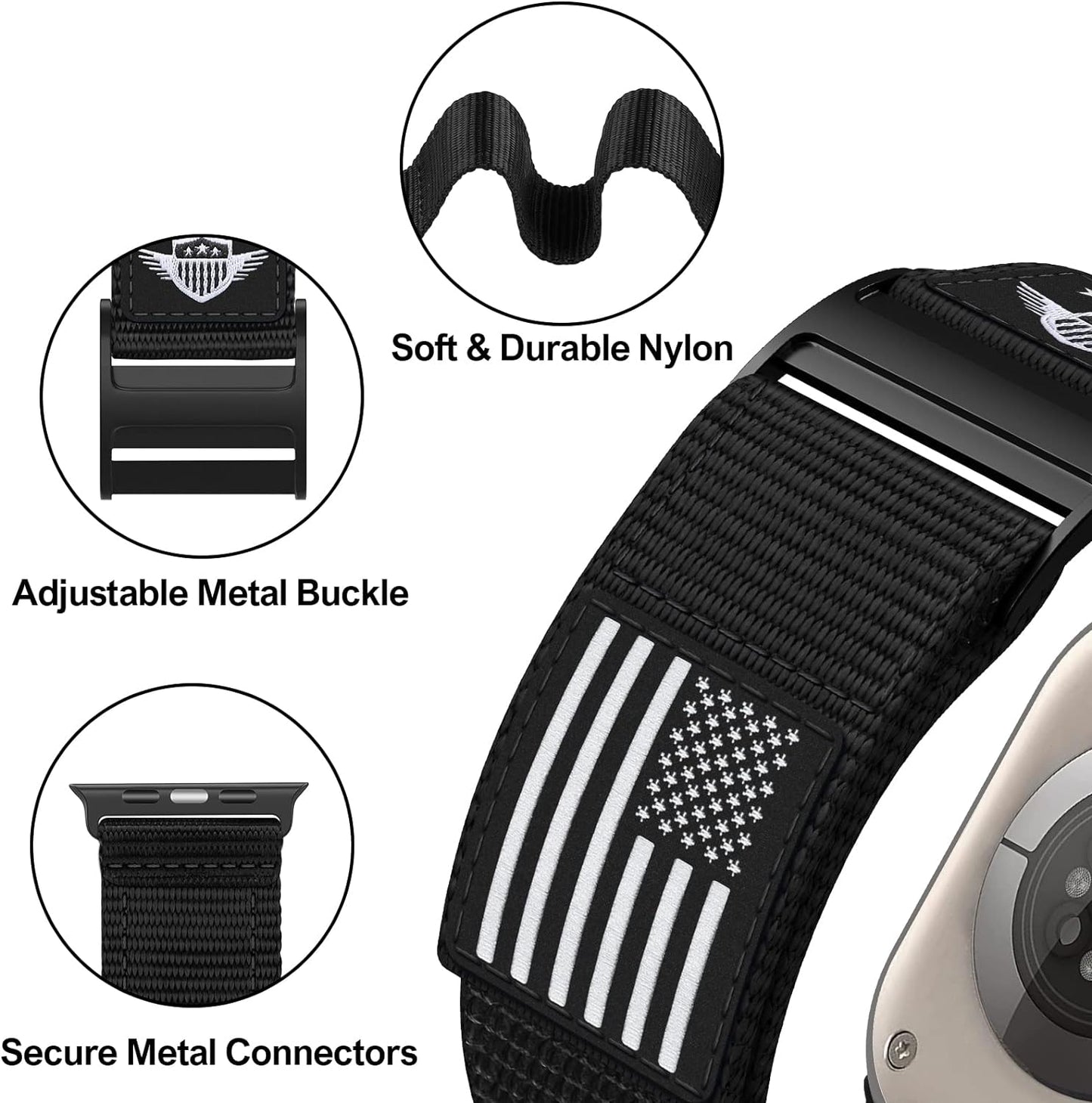 Rugged Nylon Band Compatible with Apple Watch Band 49Mm 45Mm 44Mm 42Mm,Soft Sport Loop Adjustable Wristbands Replacement Strap for Apple Watch Ultra Iwatch Series 8/7/SE/6/5/4/3/2/1,USA Flag Black