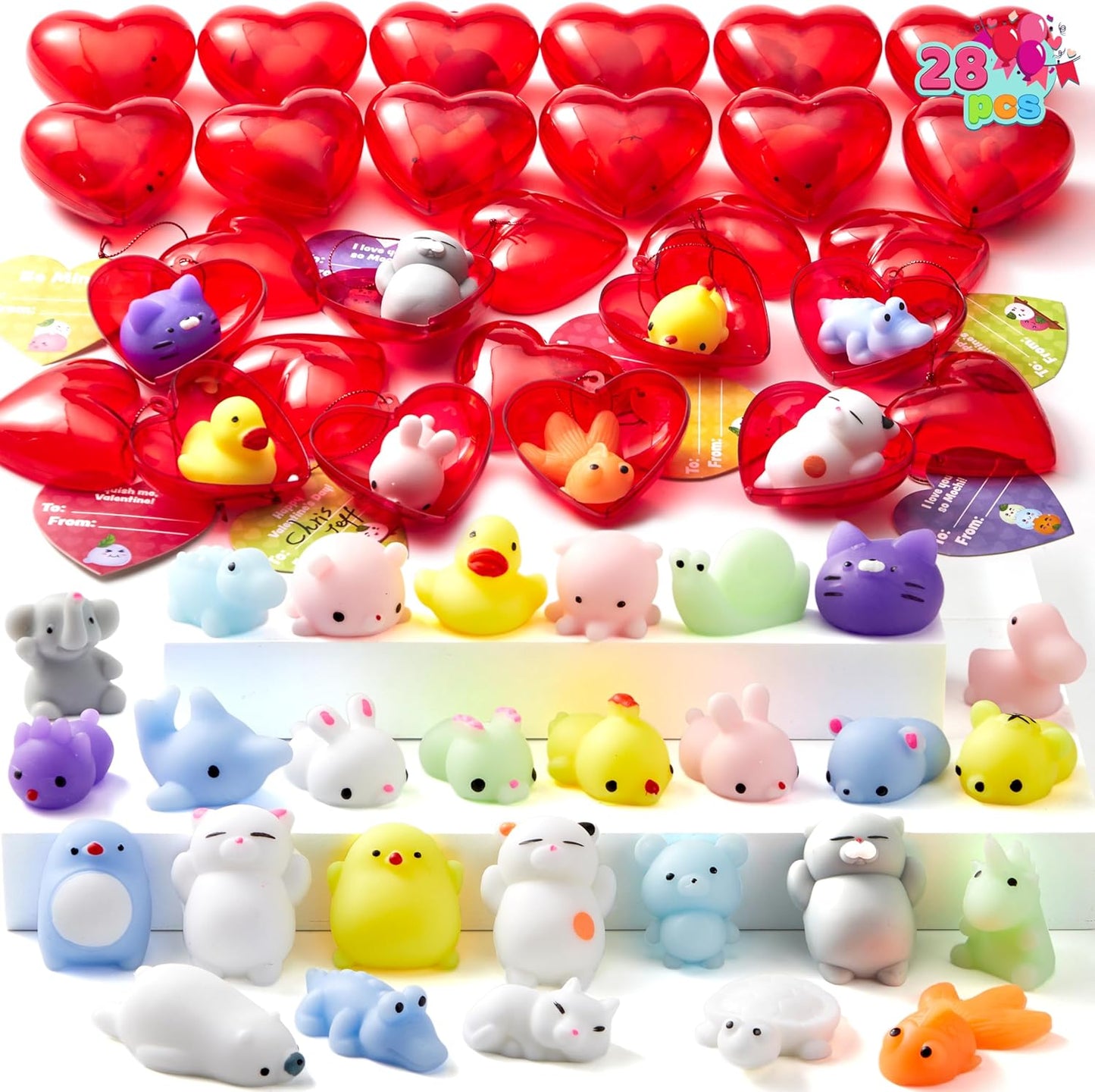28 Packs Mochi Squishy Toys with Valentine Cards and Filled Hearts Party Favors for Kids Valentine Gifts Classroom Exchange, Kawaii Stress Relief Toys for Valentine Gift Exchange, Game Prizes