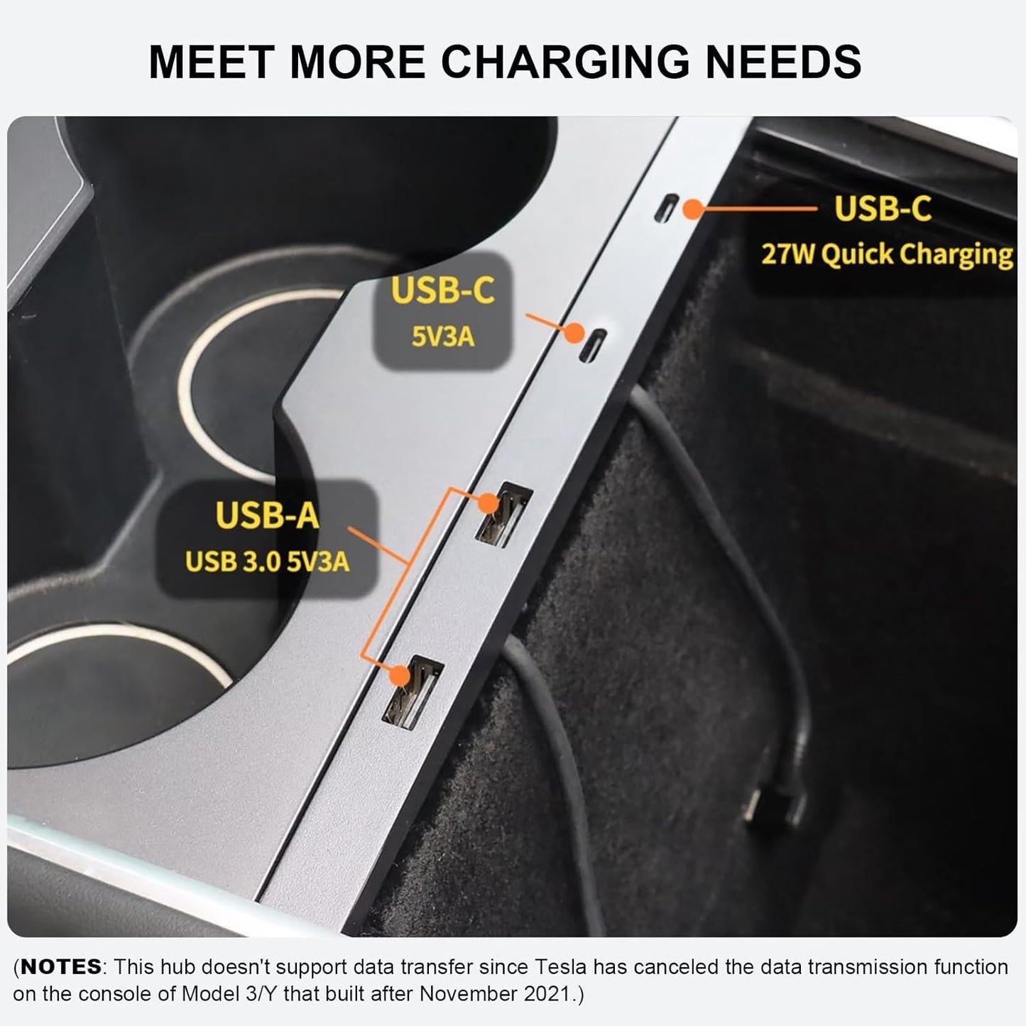 USB Hub for Tesla Model Y 2021-2024 Model 3 2021-2023 Center Console, Support USB-C Fast Charging, Docking Station Accessories for Tesla Model 3/Y, Silver Gray