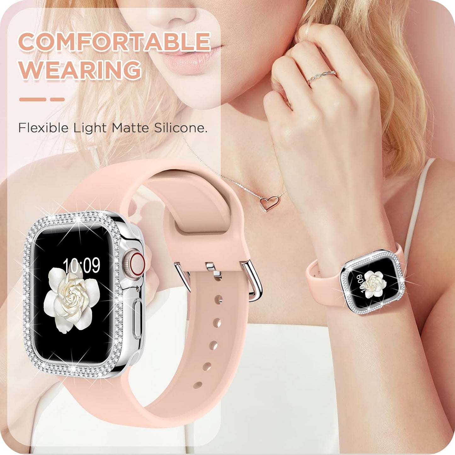 Compatible for Apple Watch Bands 45Mm with Bumper, Bling Glitter Women Silicone Soft Comfortable Strap for Iwatch SE Ultra Series 10 9 8 7 6 5 4 3 2 1