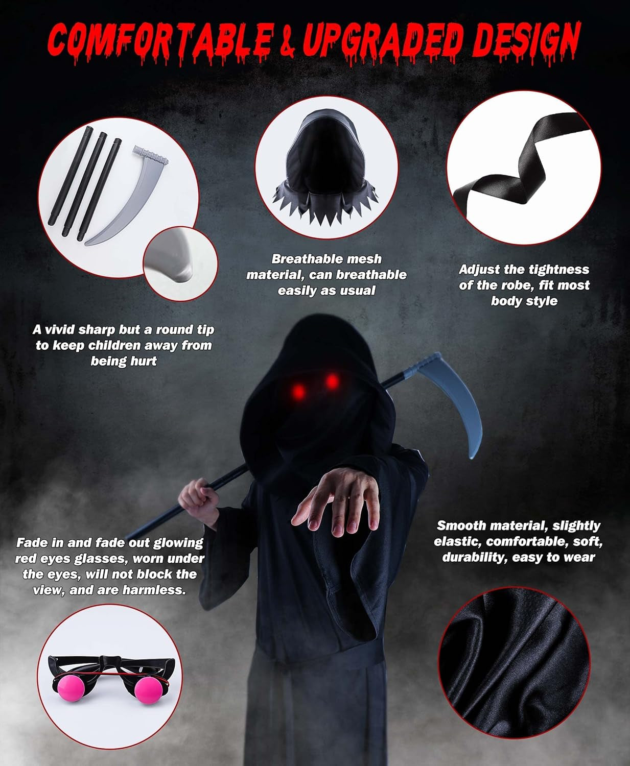 4-Size Grim-Reaper Costume Kids Adult with Glowing Red Eyes & Scythe Cosplay, Death Scary Halloween Costumes for Kids Adults