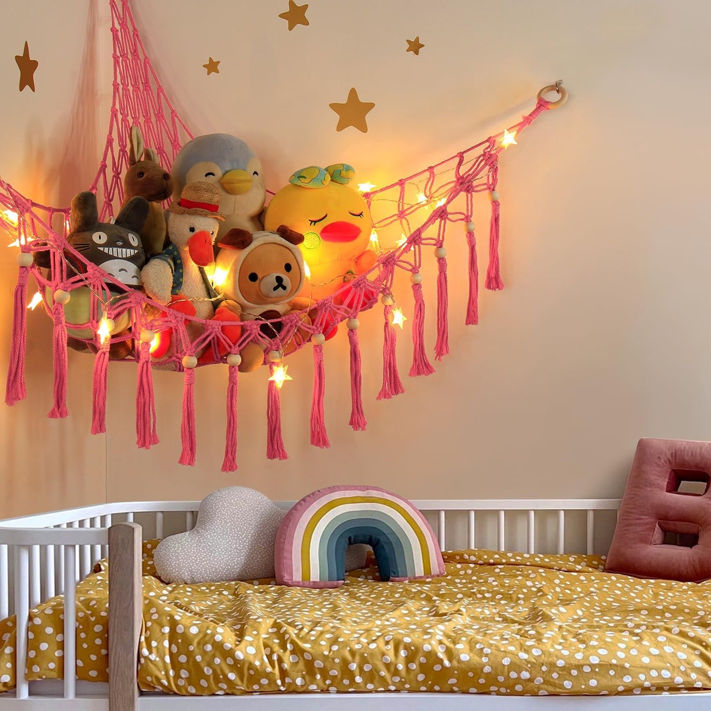 Stuffed Animal Storage Hammock Corner with LED Light - Toy Hanging Organizer Plushie Net - Pink Room Decor for Teen Girls - Cute Bedroom Aesthetic Nursery Kids Baby Toddler