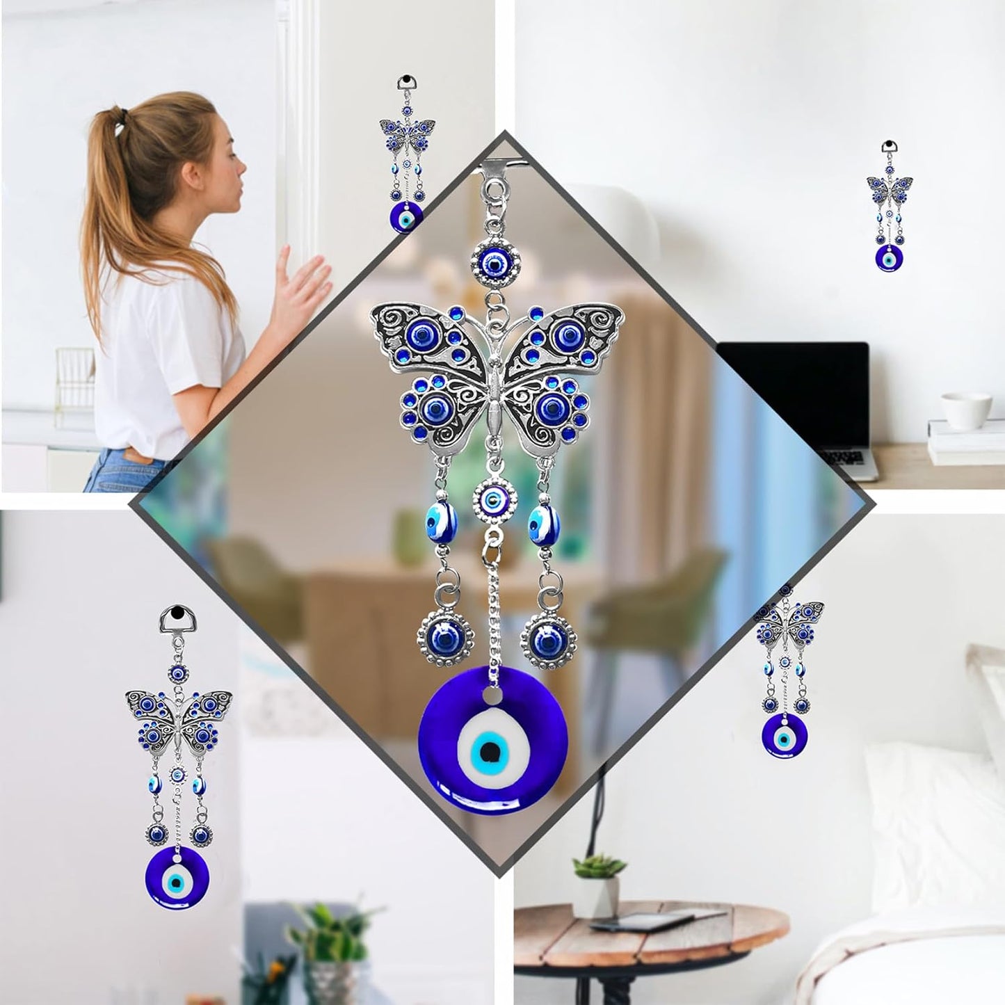 Blue Evil Eye Hanging Decoration Nazar Amulet Wall Hanging Home Protection and Blessing Decor (Butterfly-A)