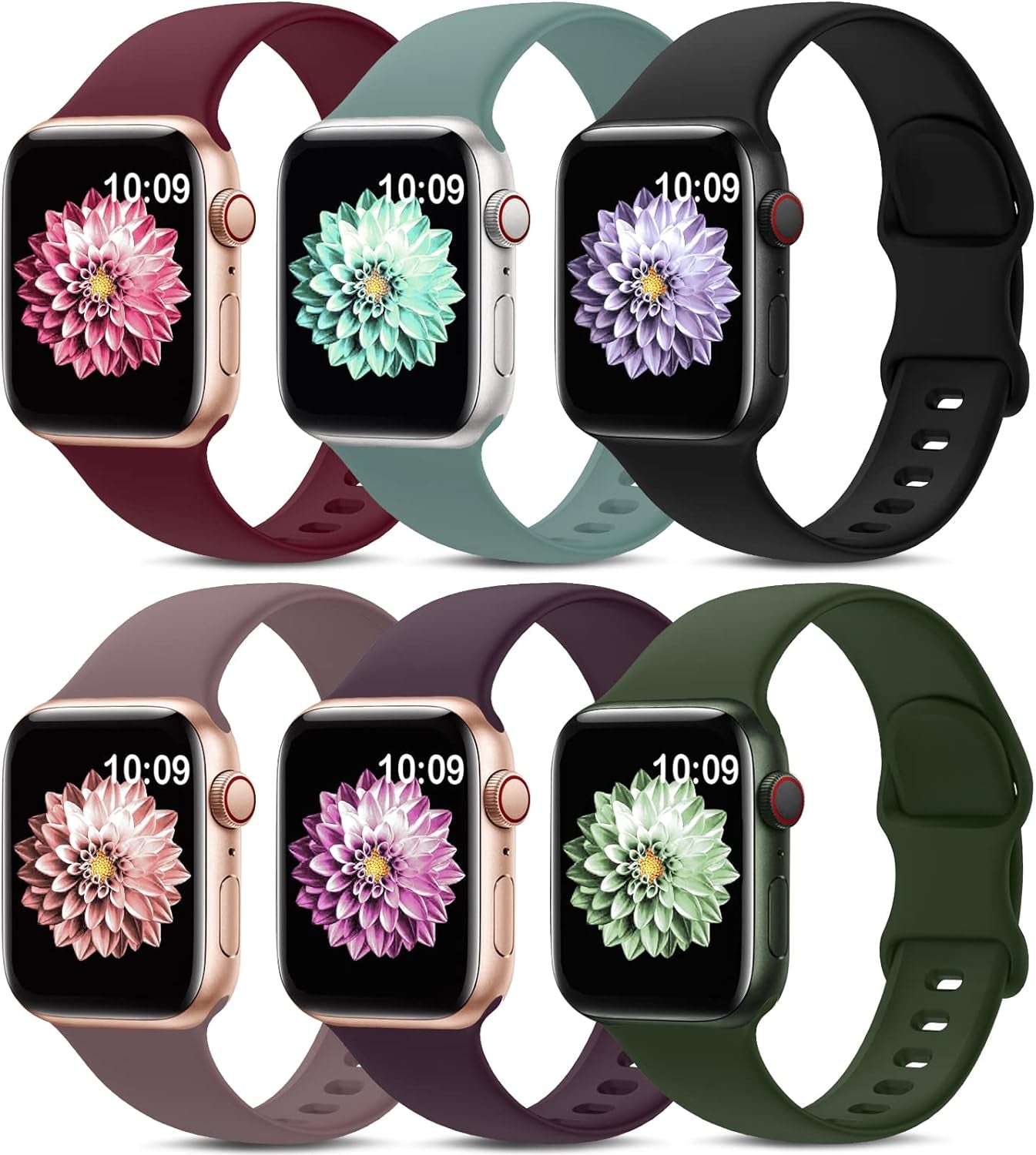 6 Pack Sport Bands Compatible with Apple Watch Band 38Mm 40Mm 41Mm 42Mm 44Mm 45Mm 49Mm,Soft Silicone Waterproof Strap Compatible with Iwatch Apple Watch Series 9 Ultra 8 7 6 5 4 3 2 1 SE Women Men