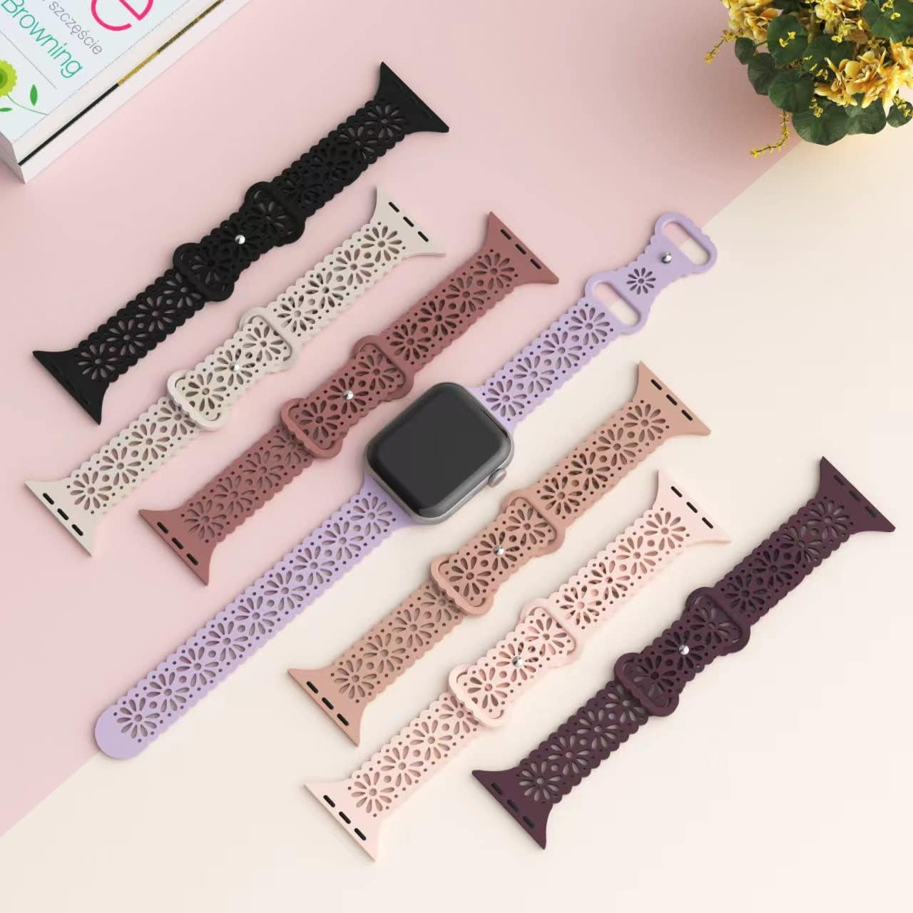 5 Pack Slim Lace Silicone Bands Compatible for Apple Watch Band 38Mm 40Mm 41Mm 42Mm 44Mm 45Mm 49Mm, Thin Hollow-Out Breathable Strap for Iwatch Ultra/2 Series 9/8/7/SE/6/5/4/3/2/1 Women Men