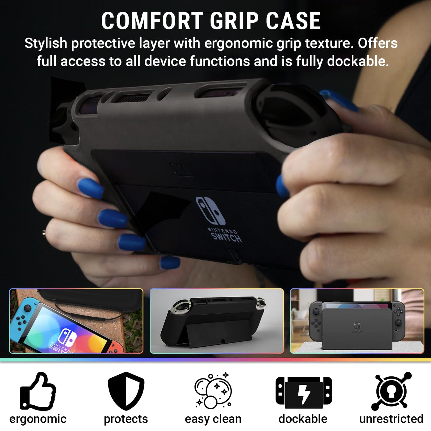 Switch Accessories Bundle - Essentials Pack for Nintendo Switch OLED Case & Screen Protector , Grip Case, Games Holder, Headphones - Classic Black Edition