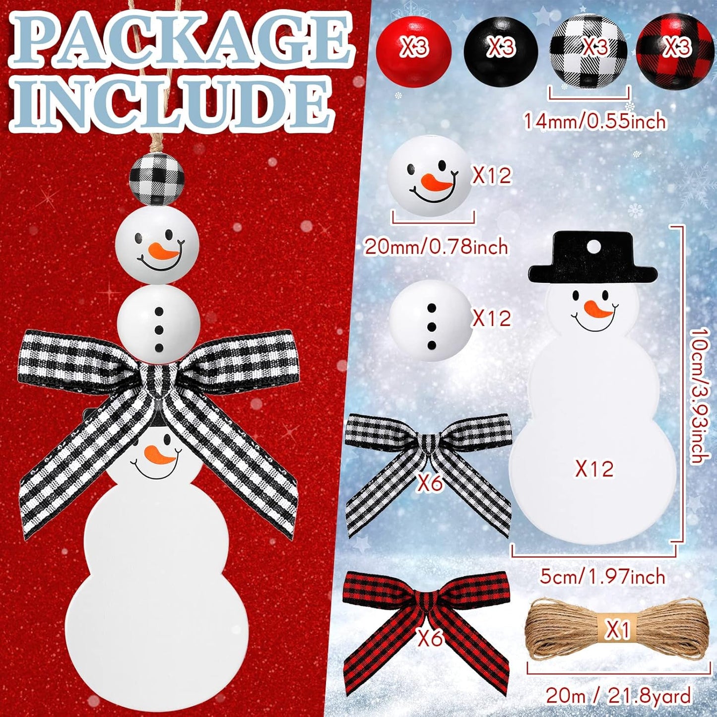 12 Pcs Christmas Stocking Name Tags Unfinished Wooden Stocking Tags Xmas Stocking Hanging Tags with Wood Beads Buffalo Plaid Bows for Christmas Home Farmhouse Decor (Snowman Style)