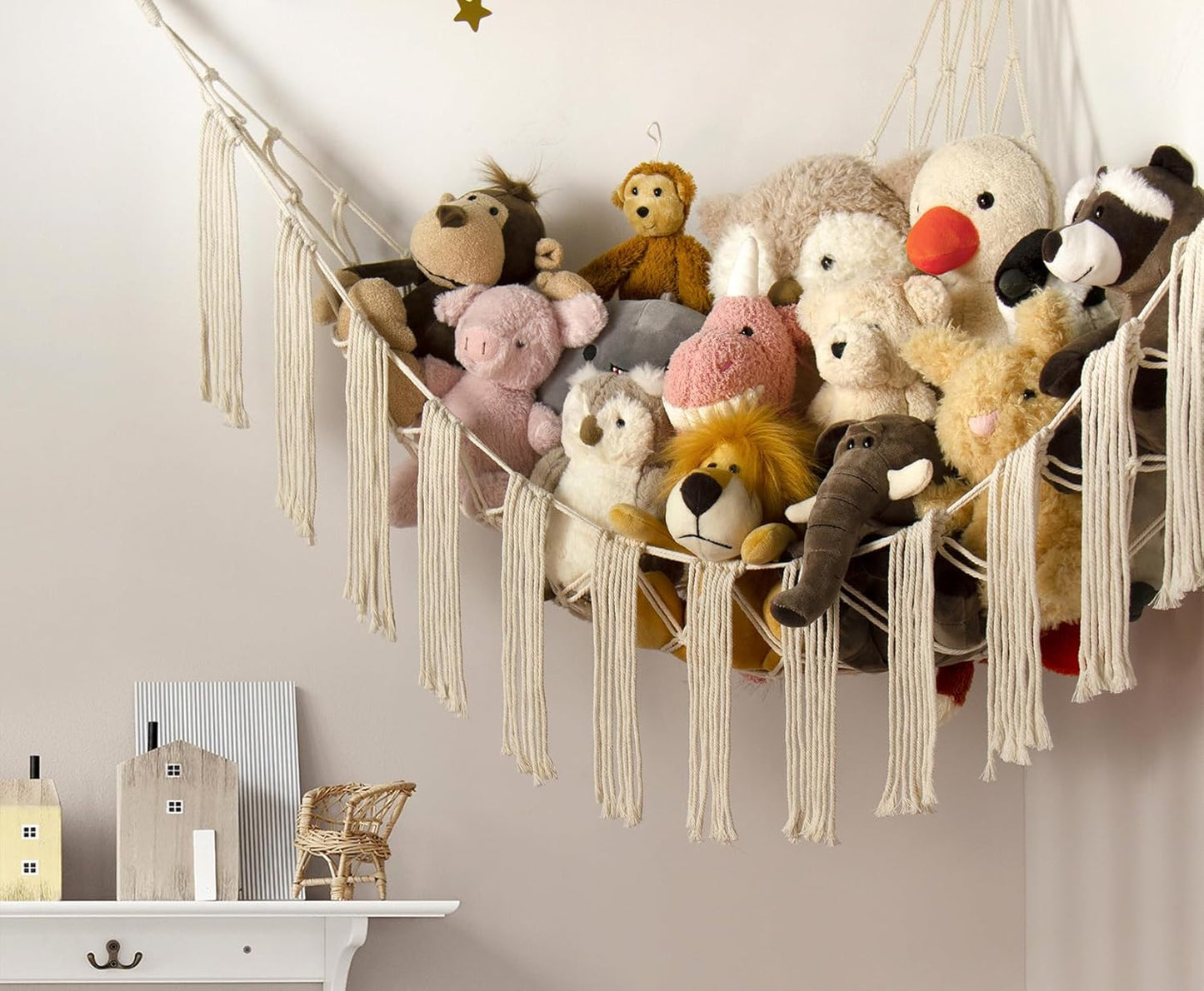 Stuffed Animal Hammock Corner with LED Light - Toy Storage Hammock Plushie Net Large - Cute Stuff Animals Holder Hanging Organizer - Baby Room Decor Kids Toddler Nursery Bedroom Boho