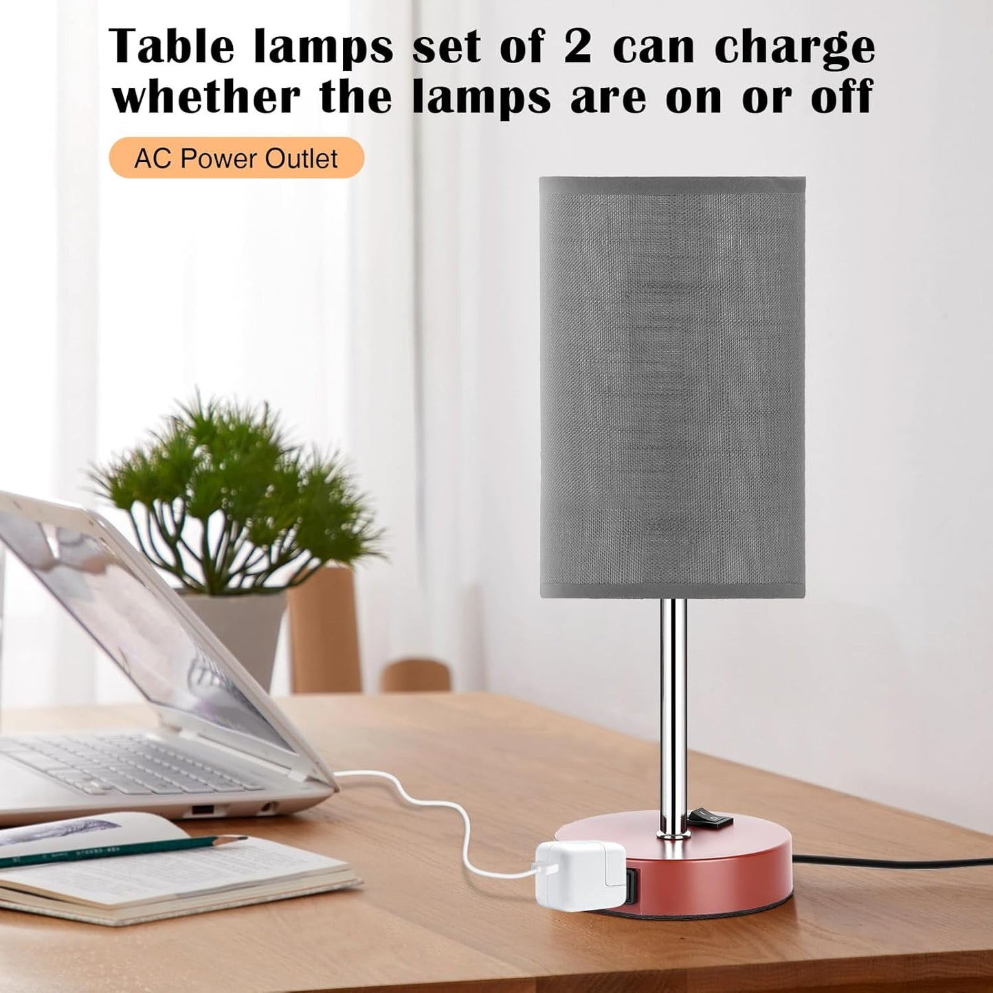 Table Lamp for Bedroom Set of 2, Bedside Small Lamps with 3 Way Dimmable Rocker Switch and AC Outlet, Nightstand Desk Lamp with Gray Fabric Shade Brown Base for Living Room Home Decor Lights