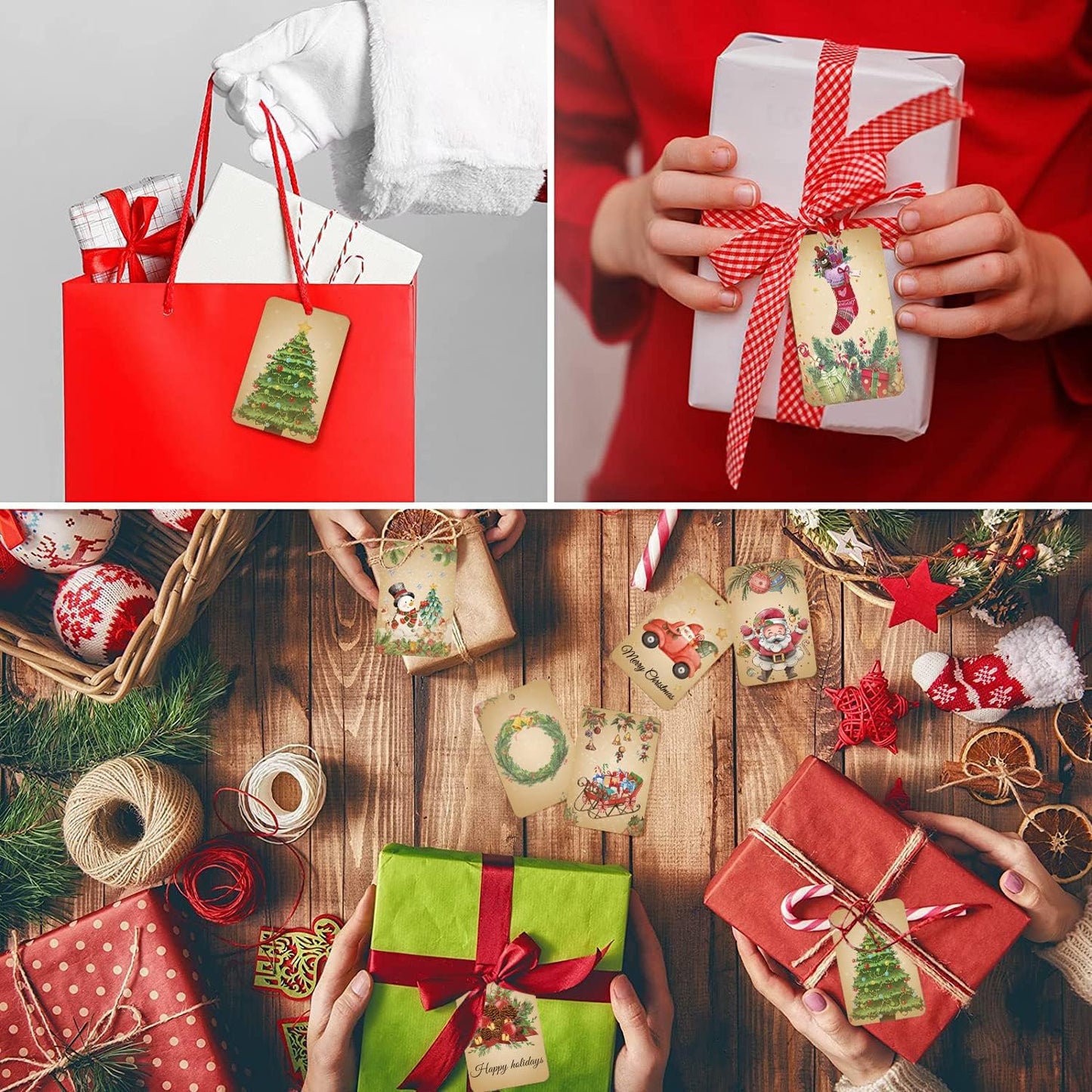 120PCS Vintage Christmas Gift Tags, Retro Xmas Gift Tags with String, Christmas Hanging Tags, Christmas Gift Wrapping Holiday Home Decor(2’’ X 3’’)