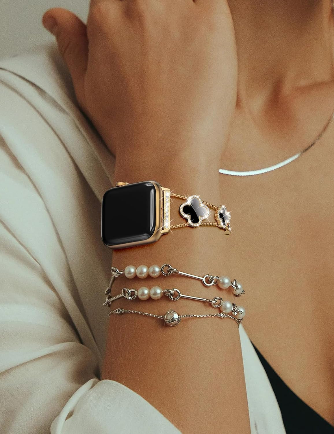 Bling Womens Band Compatible with Apple Watch Band 40Mm 41Mm 38Mm Series 9 8 7 6 5 4 3 2 1 SE, Sparkle Diamond Replacement Bracelet Wristband, Cute Lucky Clover Dressy Iwatch Band,Gold/Black