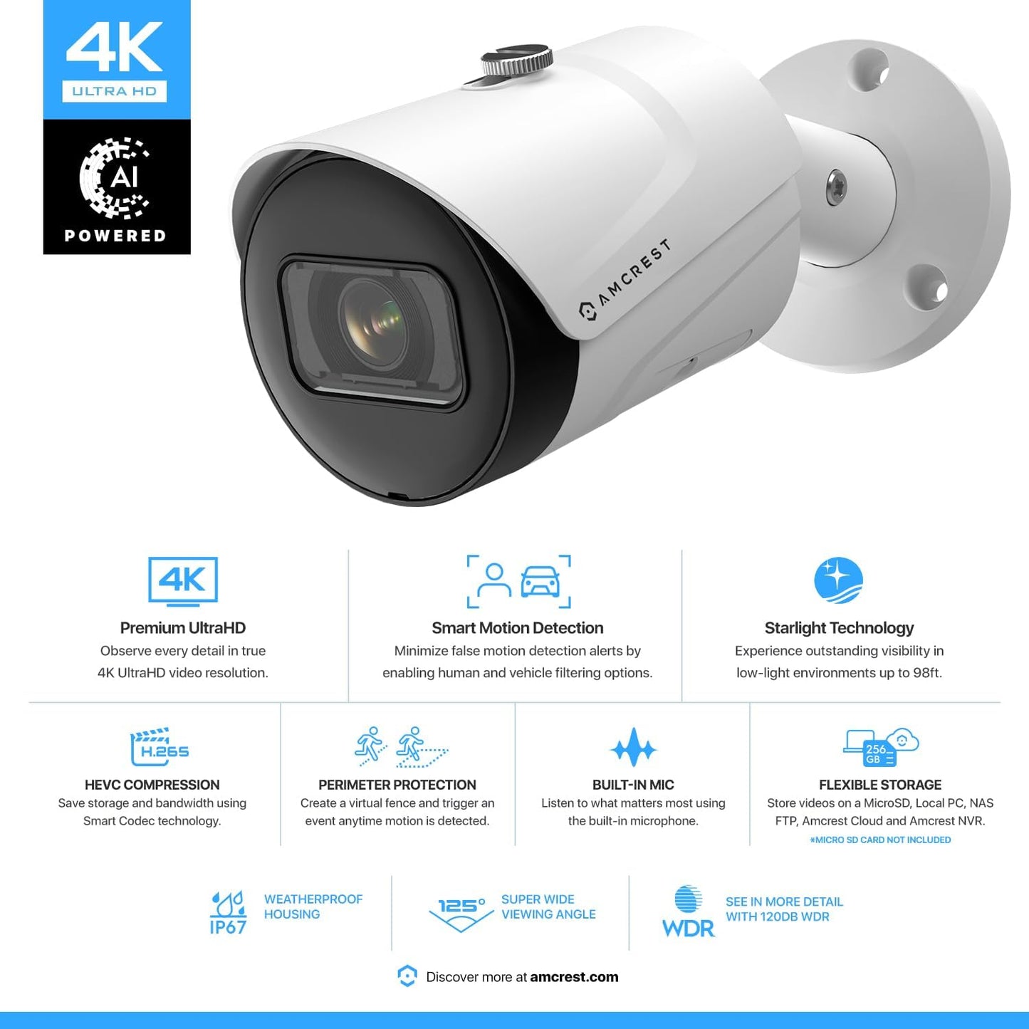 4K (8MP) IP POE Camera, Ultrahd Outdoor Bullet, 3840X2160, 98Ft Nightvision, 125° FOV, IP67, Microsd (256GB), Human & Vehicle Detection, Tripwire & Intrusion, (IP8M-2496EW-AI-V3) TRUCK DRIVER
