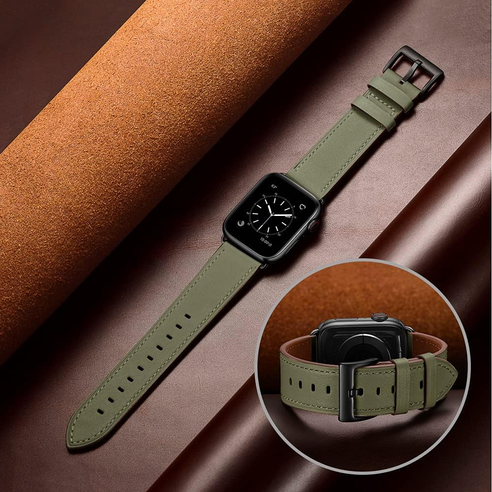 Compatible with Apple Watch Band 41Mm 40Mm 38Mm, Genuine Leather Band Replacement Strap Compatible with Apple Watch Series 9/8/7/6/5/4/3/2/1/SE2/SE, Army Green Band with Black Adapter